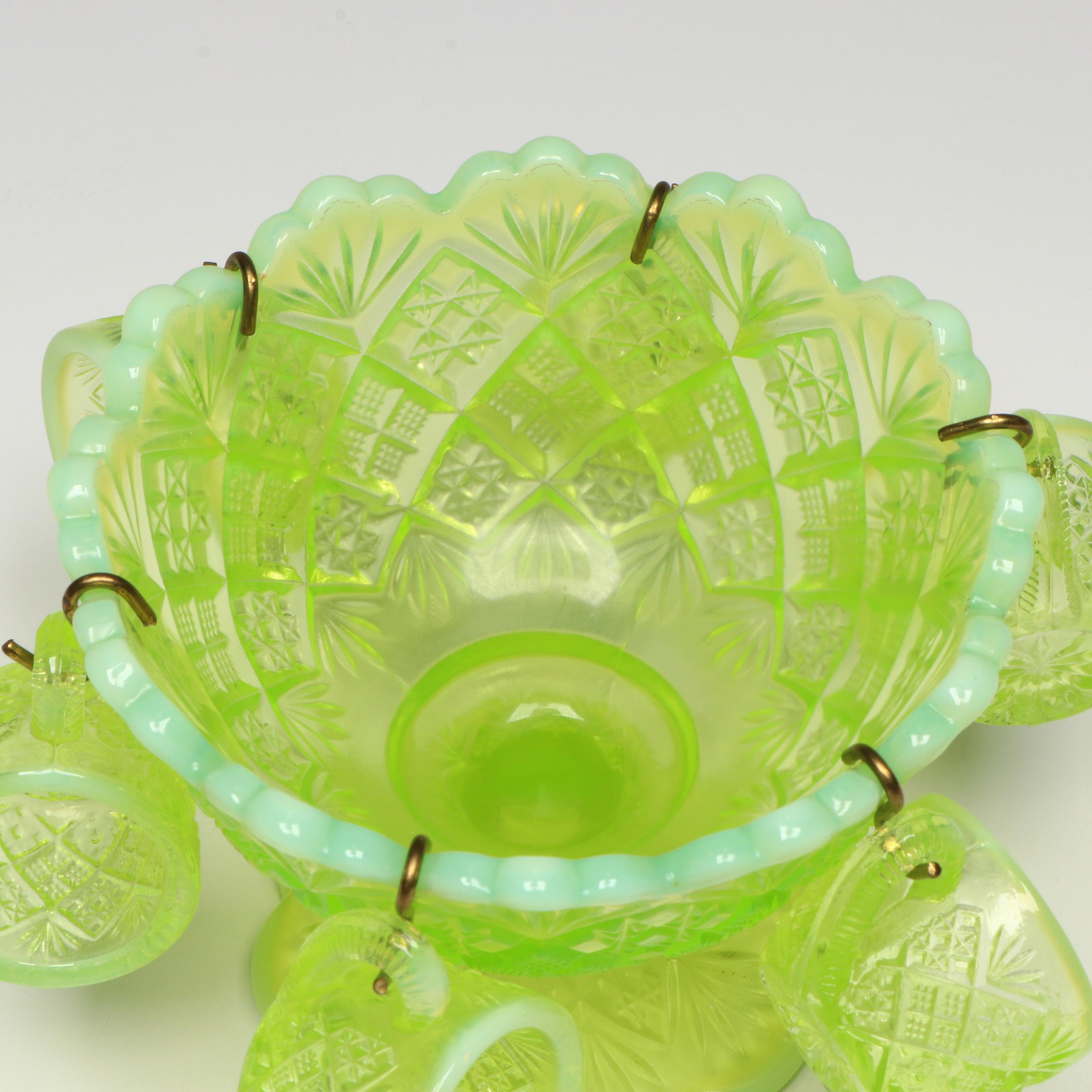 Vintage Opalescent Uranium Glass Fan File Miniature Punch Bowl and Cups