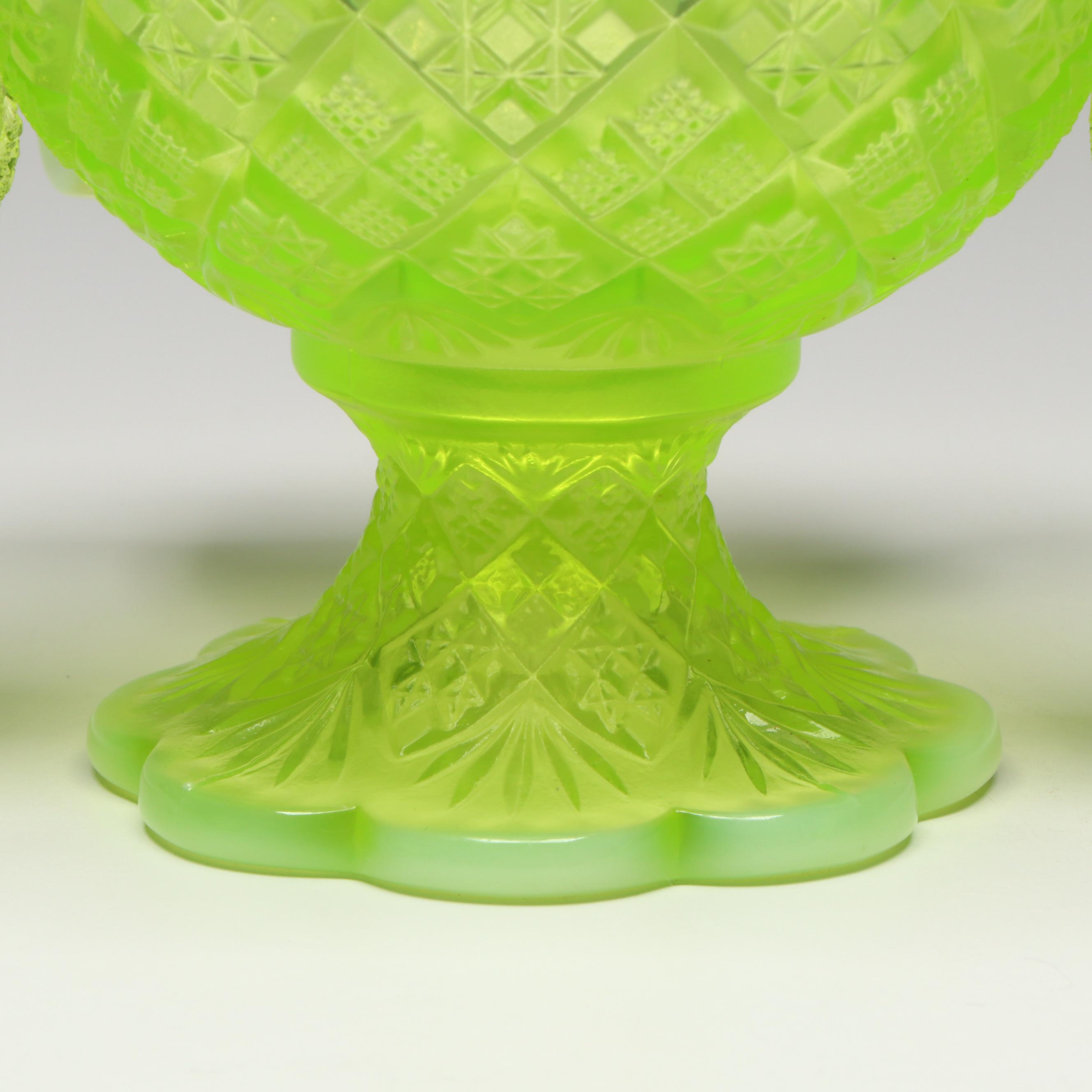 Vintage Opalescent Uranium Glass Fan File Miniature Punch Bowl and Cups