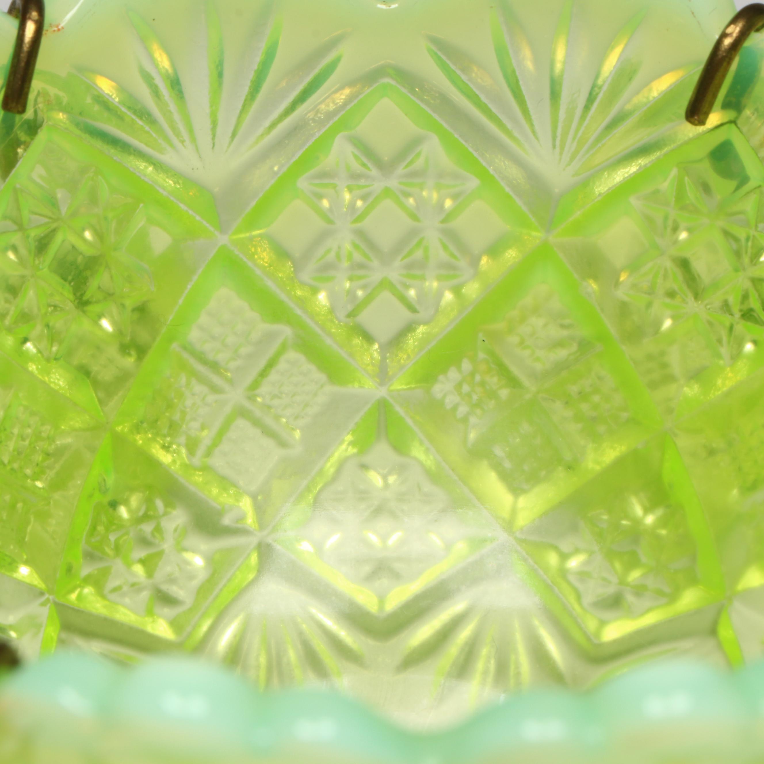 Vintage Opalescent Uranium Glass Fan File Miniature Punch Bowl and Cups