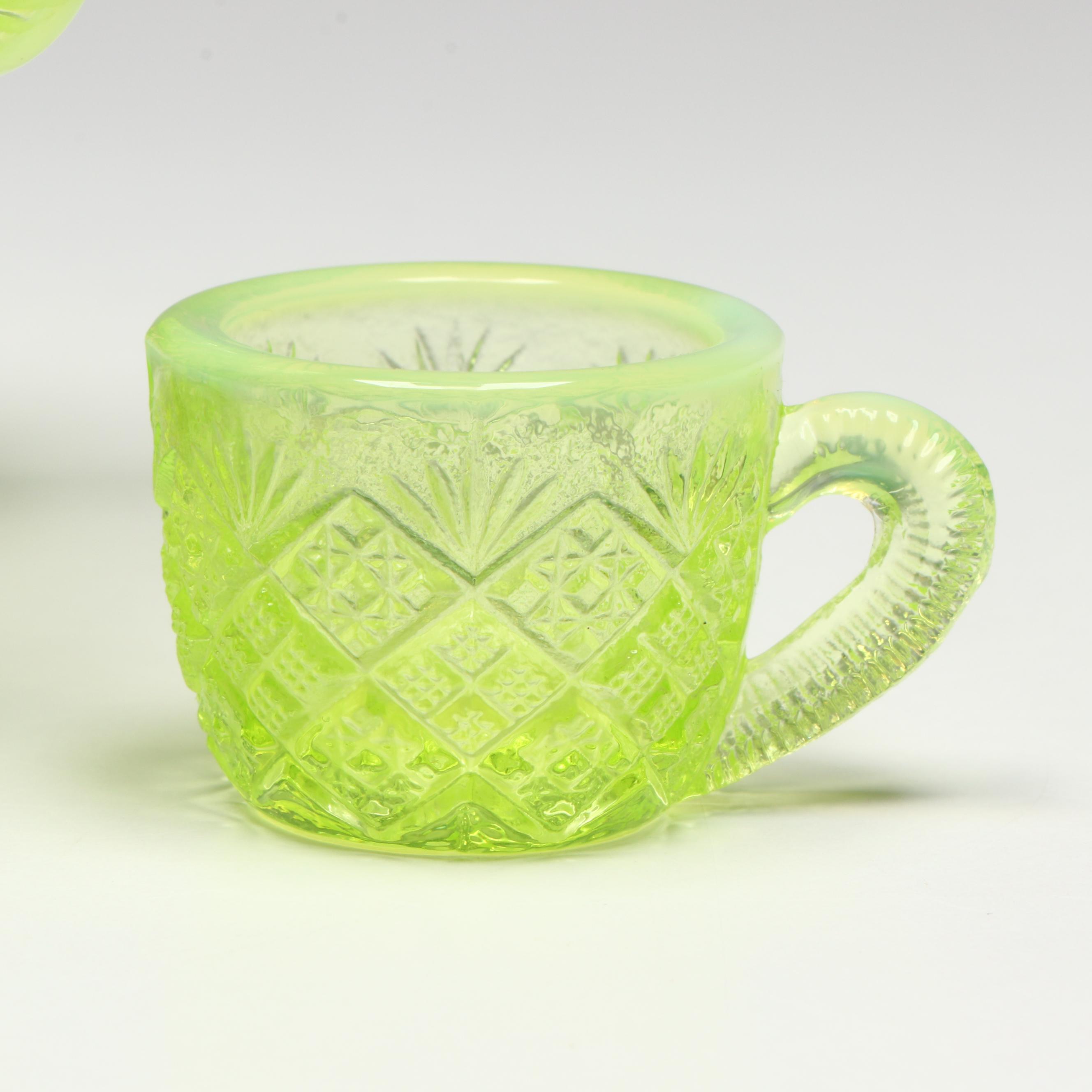 Vintage Opalescent Uranium Glass Fan File Miniature Punch Bowl and Cups