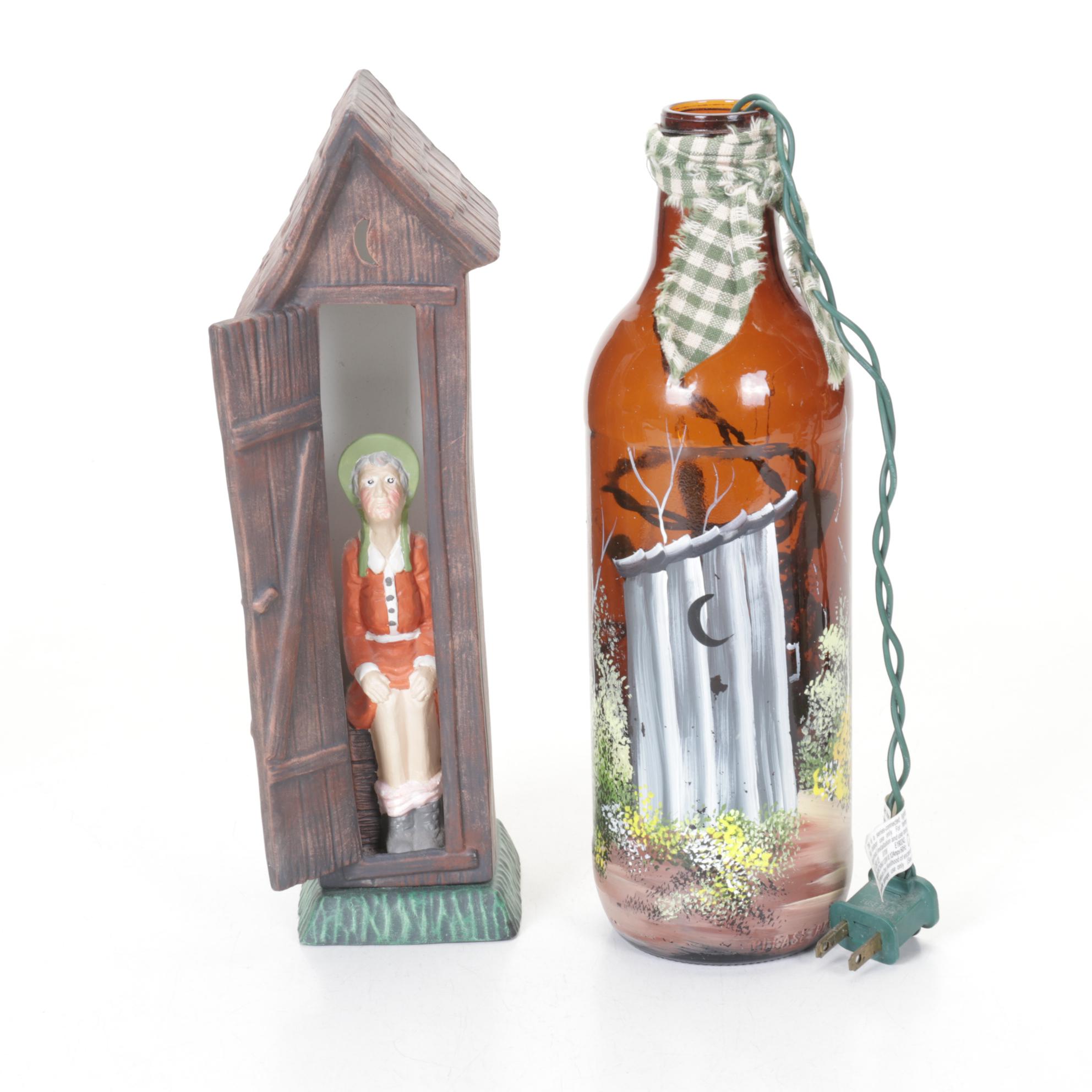 Outhouse Hand-Painted Bottle Fairy Light Lamp with Wood, Ceramic and More Decor