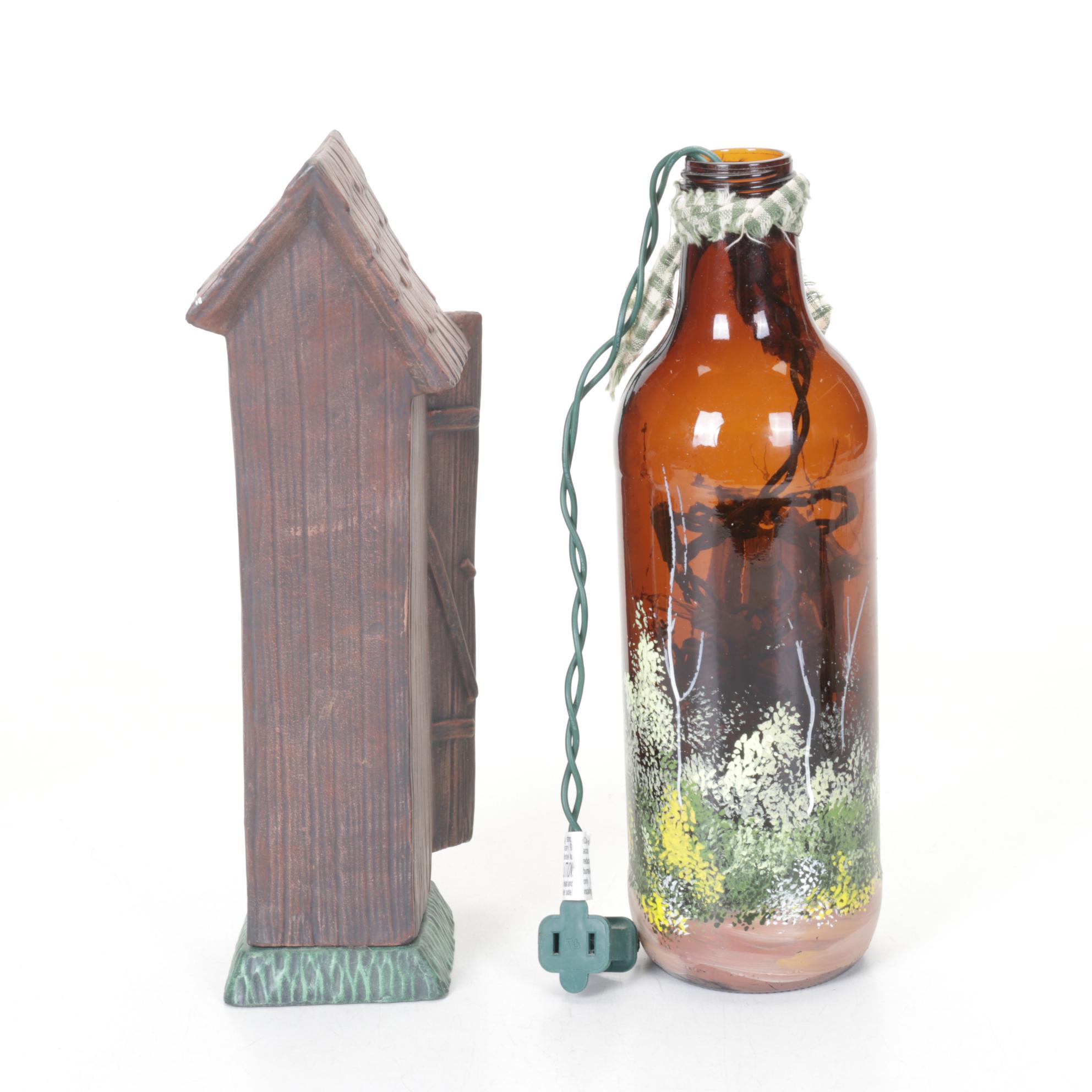 Outhouse Hand-Painted Bottle Fairy Light Lamp with Wood, Ceramic and More Decor