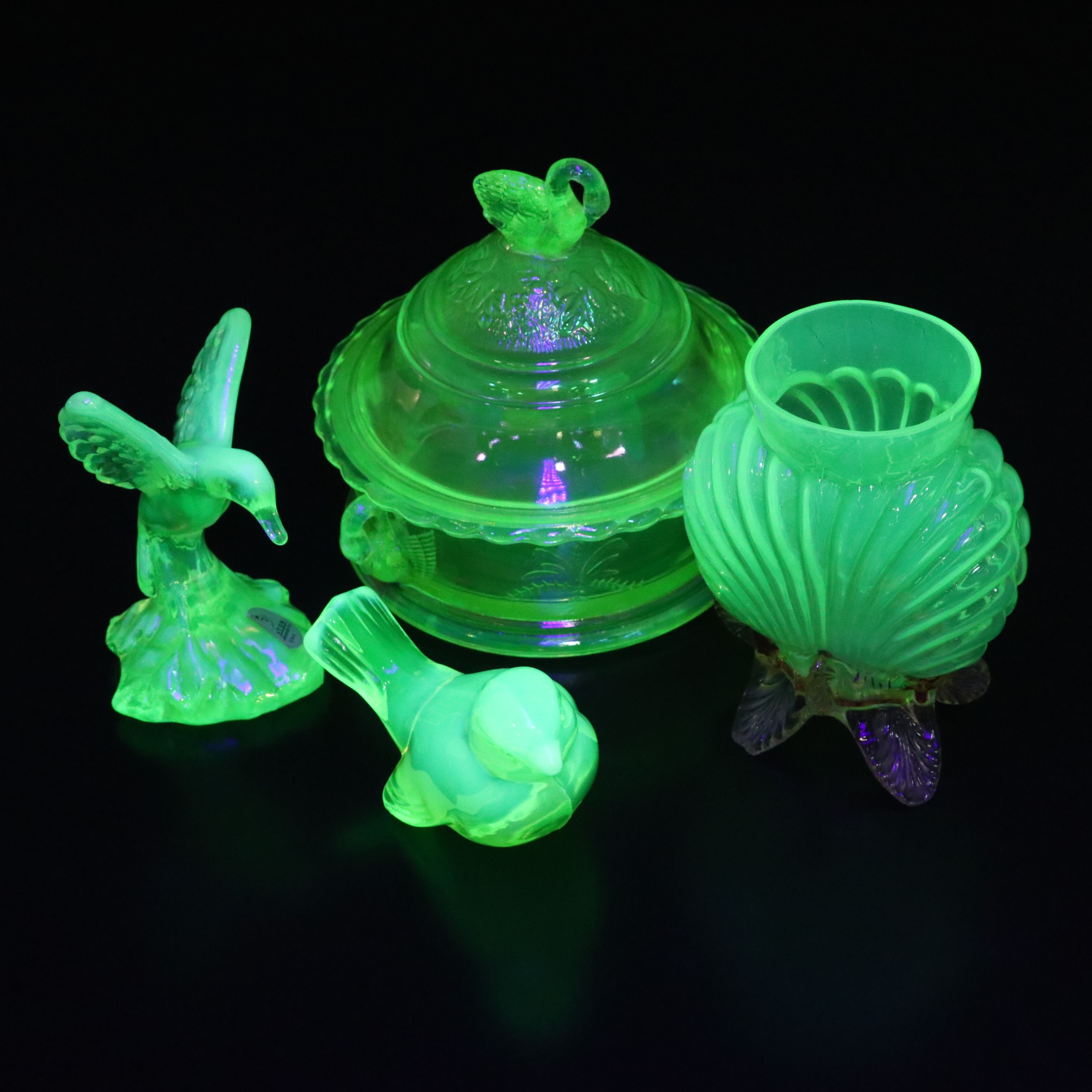 Westmoreland Uranium Glass Swan Candy Dish with Fenton Figurines and More