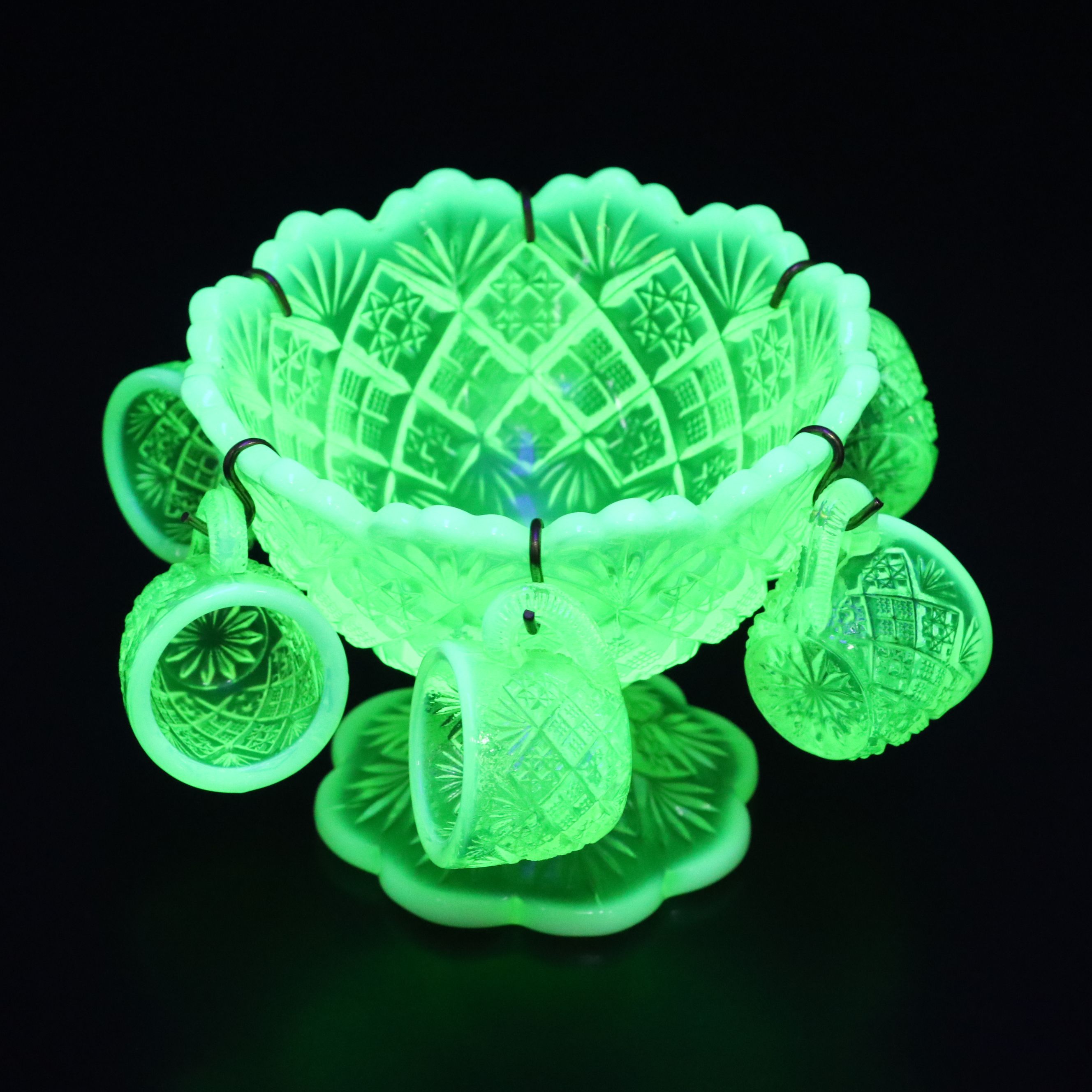 Vintage Opalescent Uranium Glass Fan File Miniature Punch Bowl and Cups