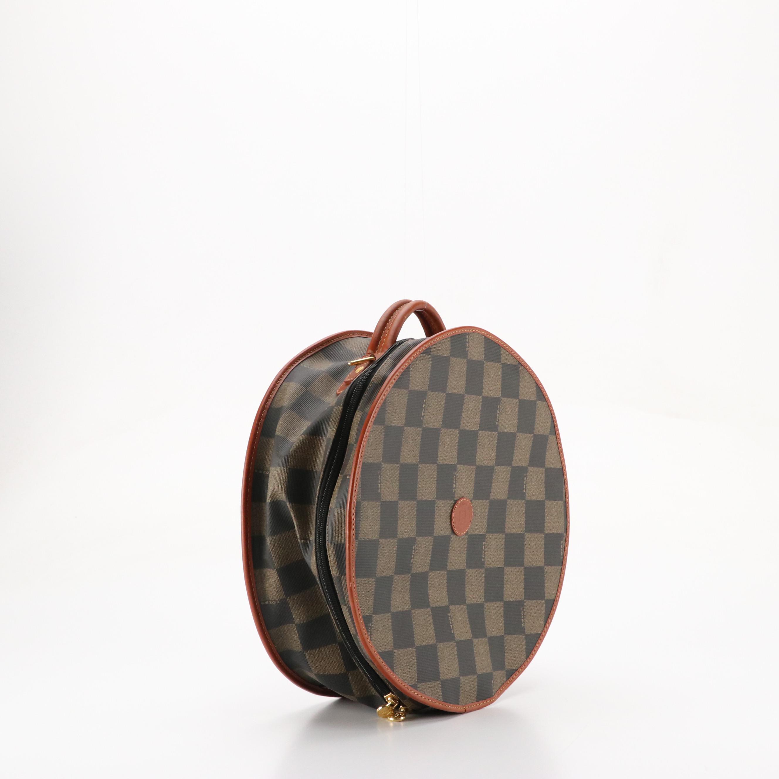Fendi Vintage Large Round Travel Vanity Case in Checkered Canvas & Leather Trim