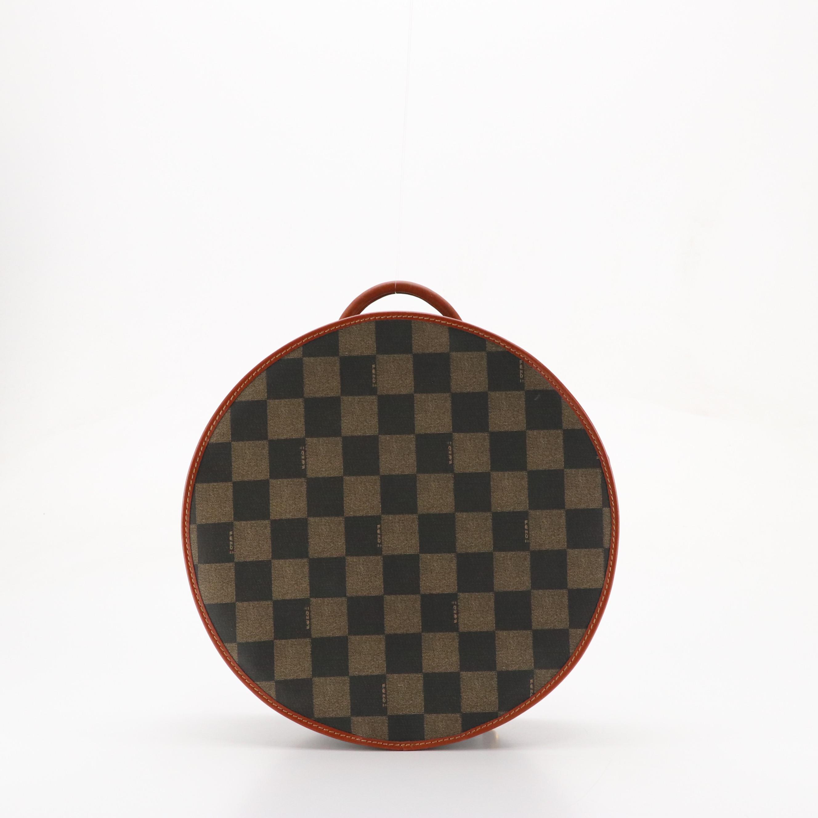 Fendi Vintage Large Round Travel Vanity Case in Checkered Canvas & Leather Trim