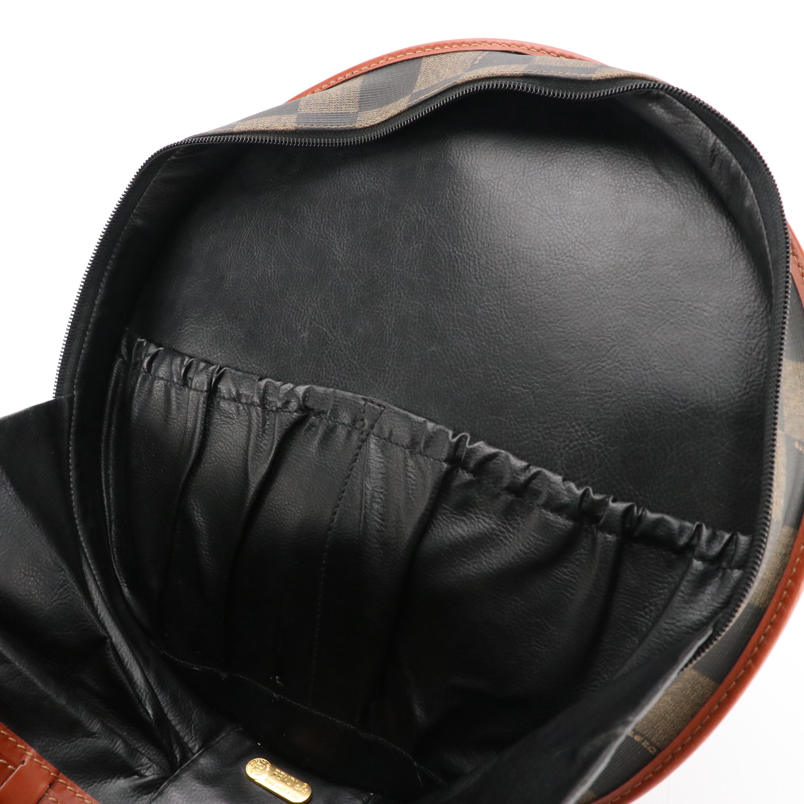 Fendi Vintage Large Round Travel Vanity Case in Checkered Canvas & Leather Trim