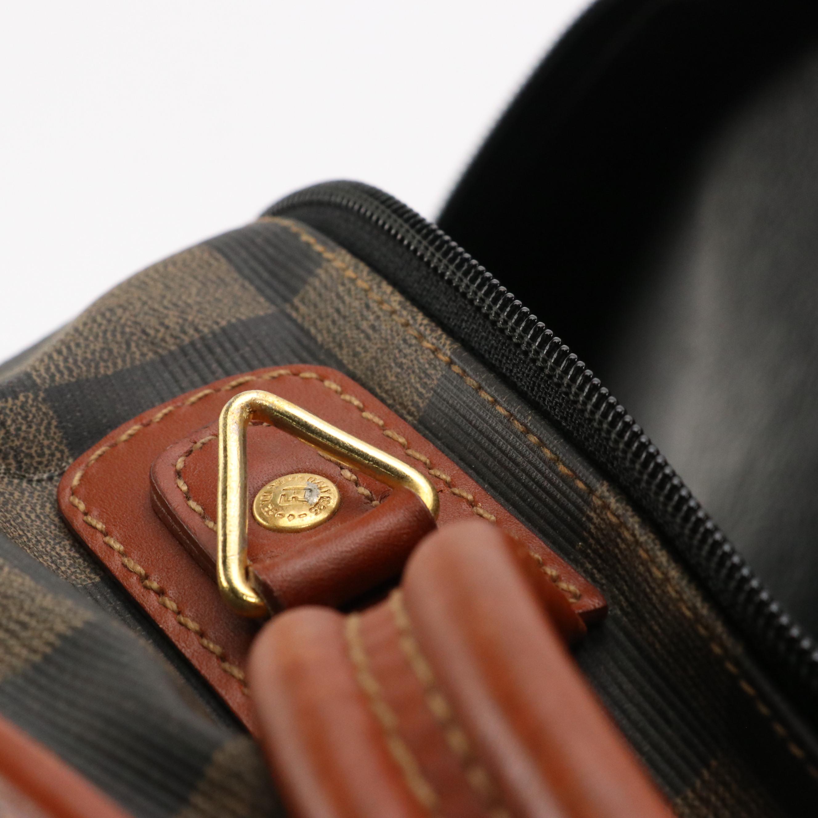 Fendi Vintage Large Round Travel Vanity Case in Checkered Canvas & Leather Trim