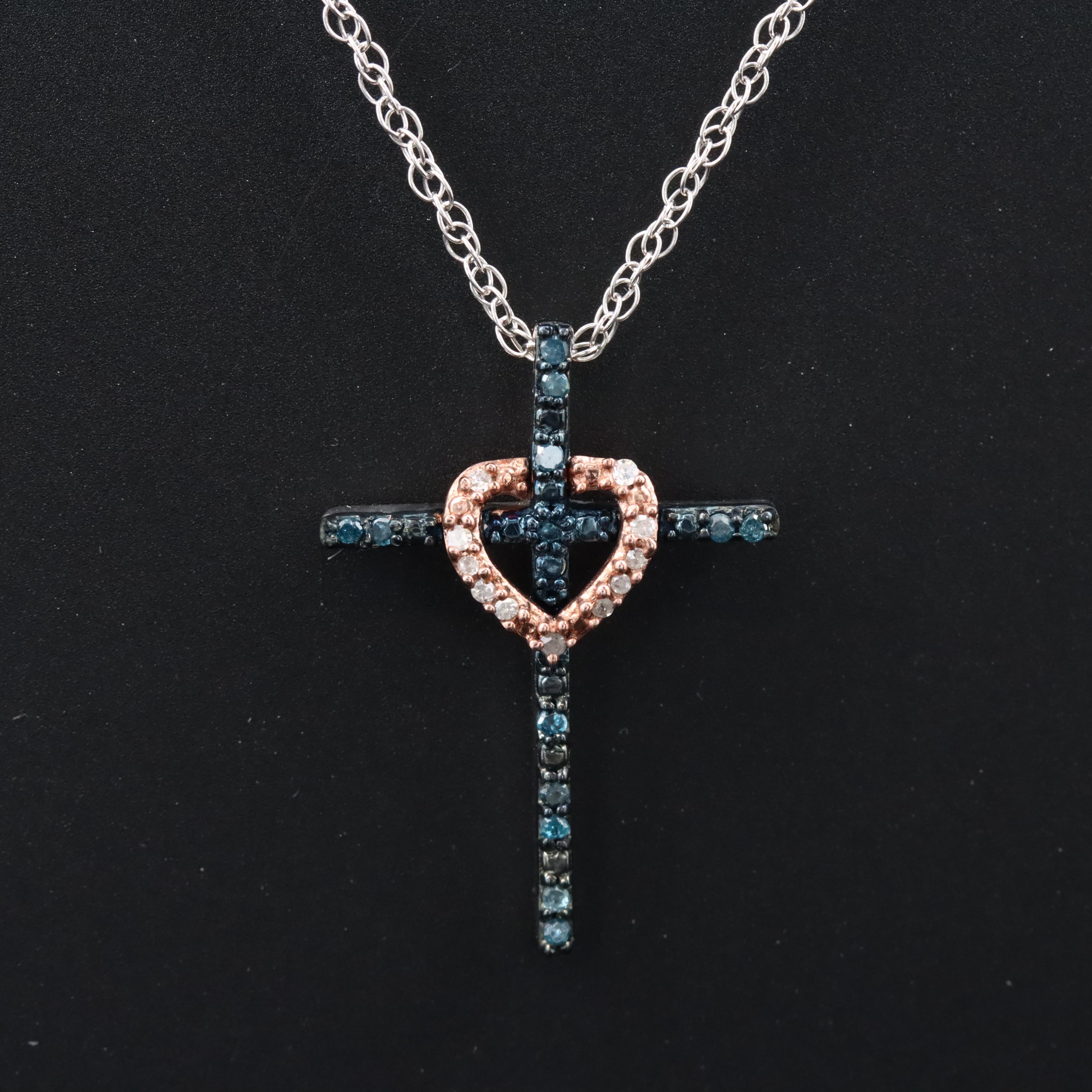 Sterling Diamond Cross Necklace w/ Rose Tone Heart Accent and Fancy Blue Diamond