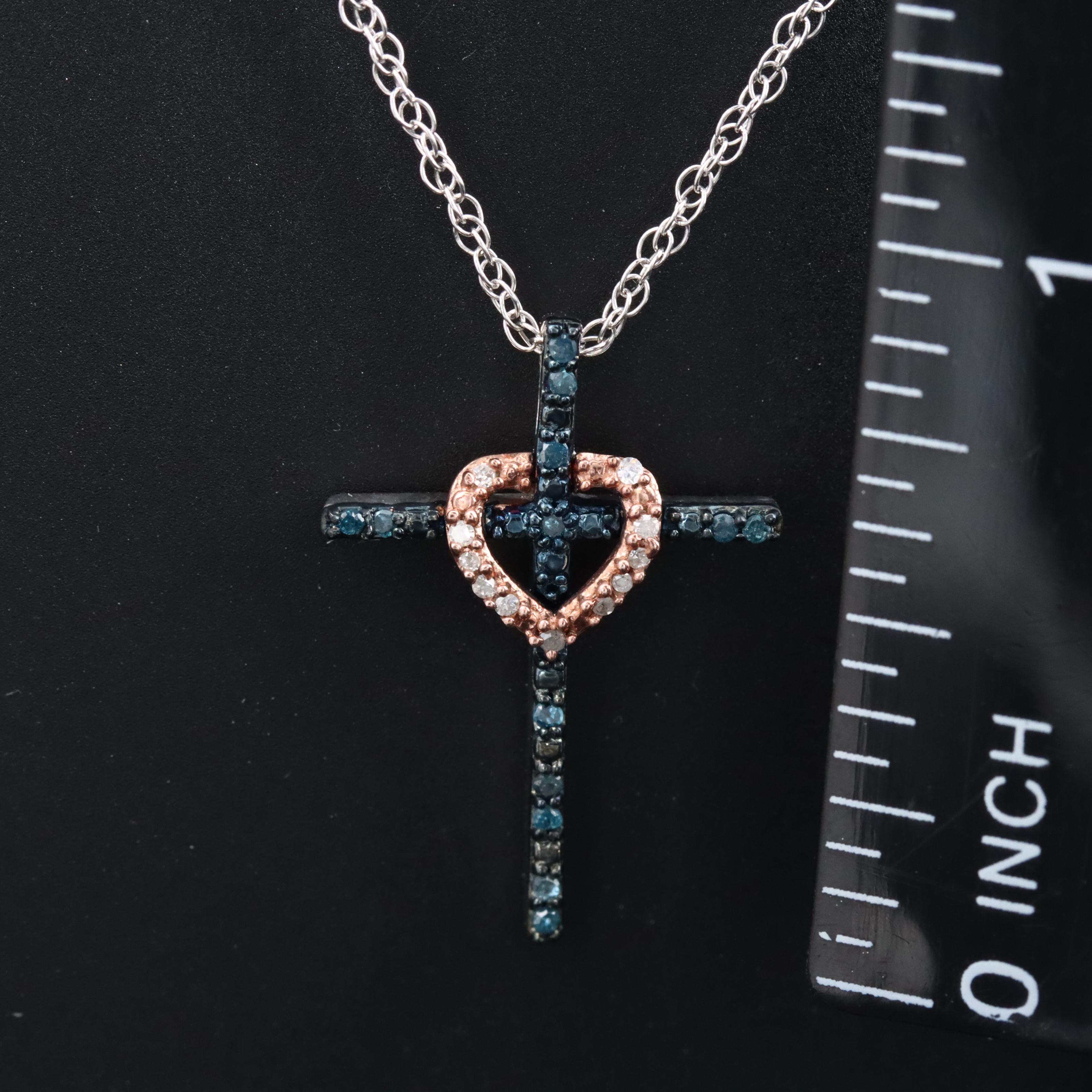 Sterling Diamond Cross Necklace w/ Rose Tone Heart Accent and Fancy Blue Diamond