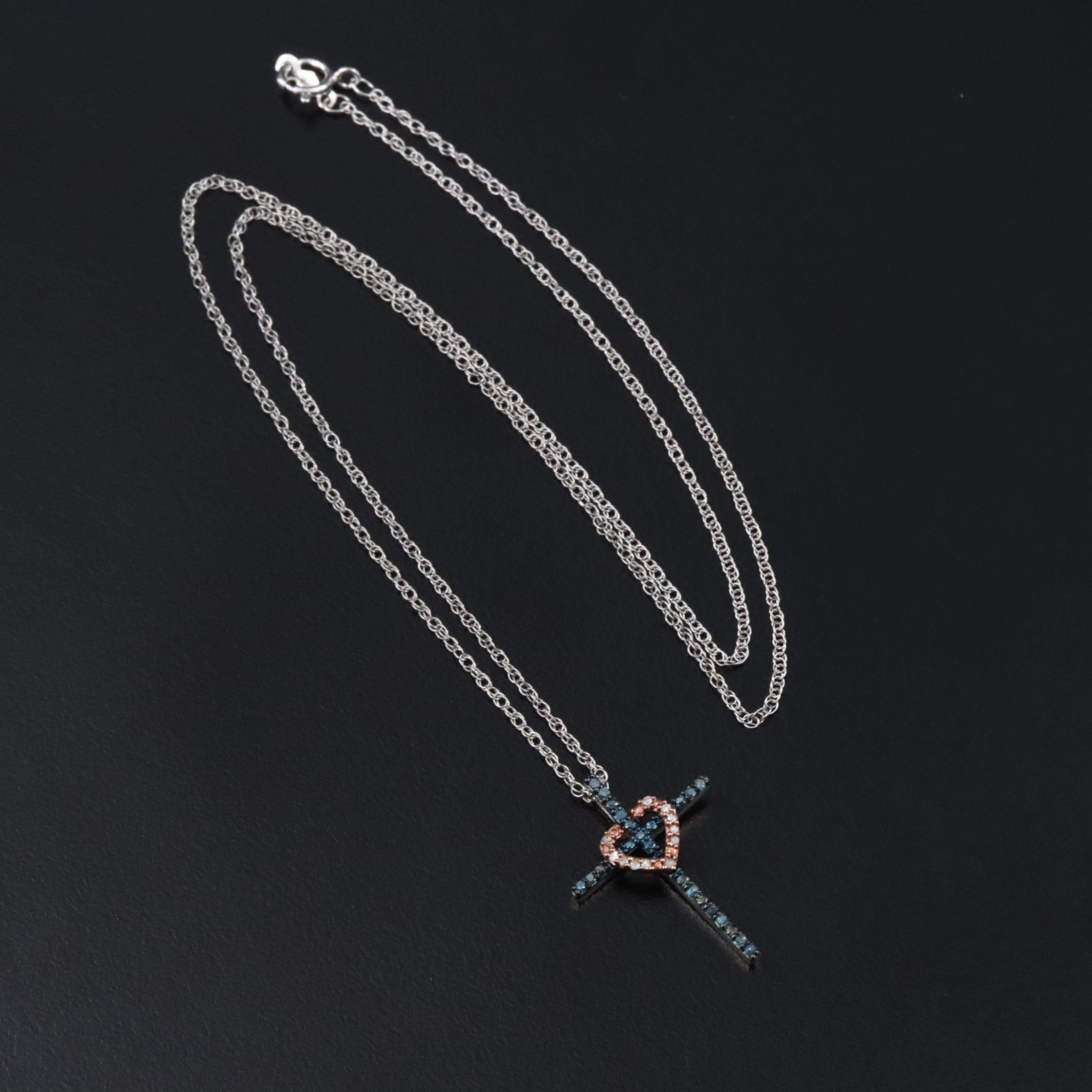 Sterling Diamond Cross Necklace w/ Rose Tone Heart Accent and Fancy Blue Diamond