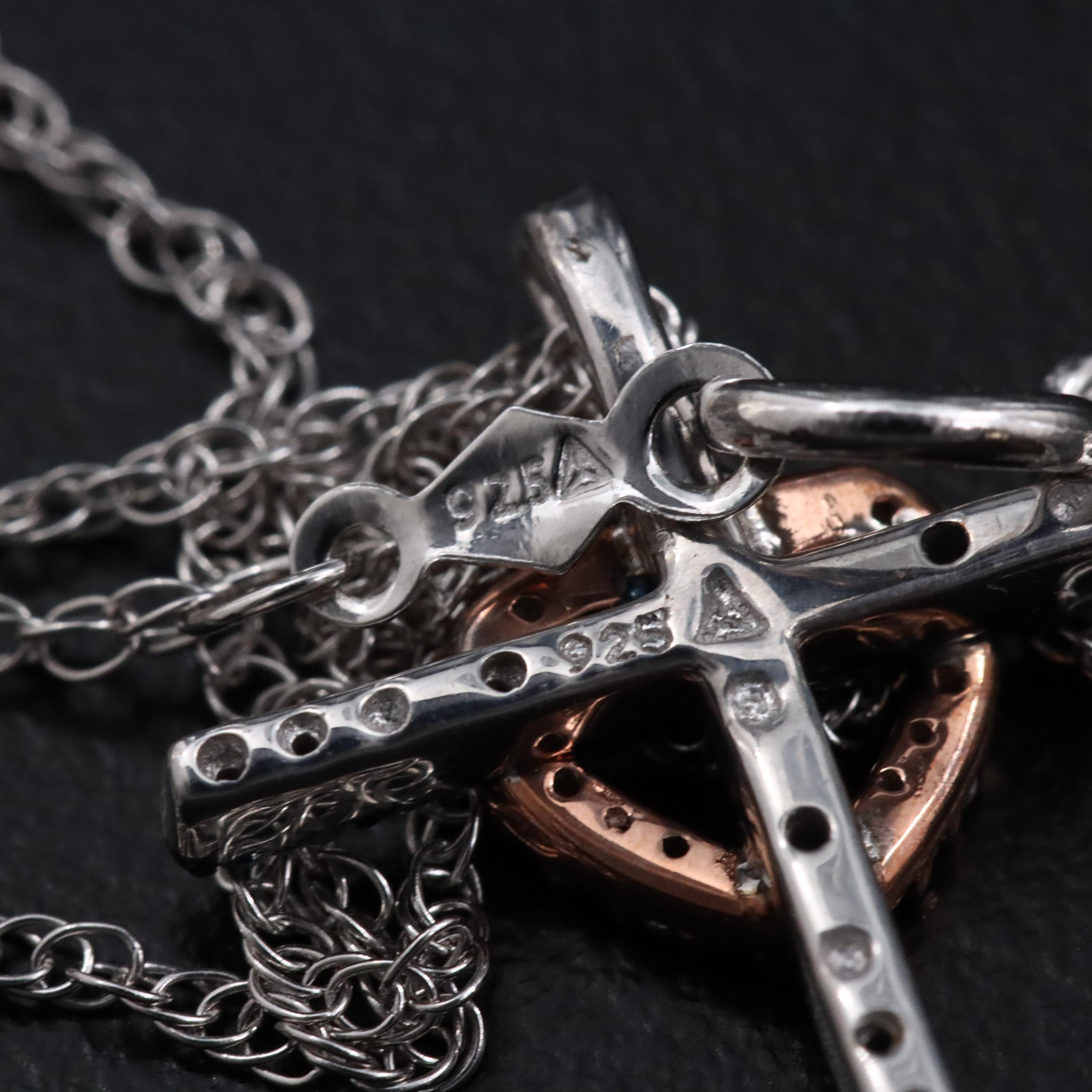 Sterling Diamond Cross Necklace w/ Rose Tone Heart Accent and Fancy Blue Diamond