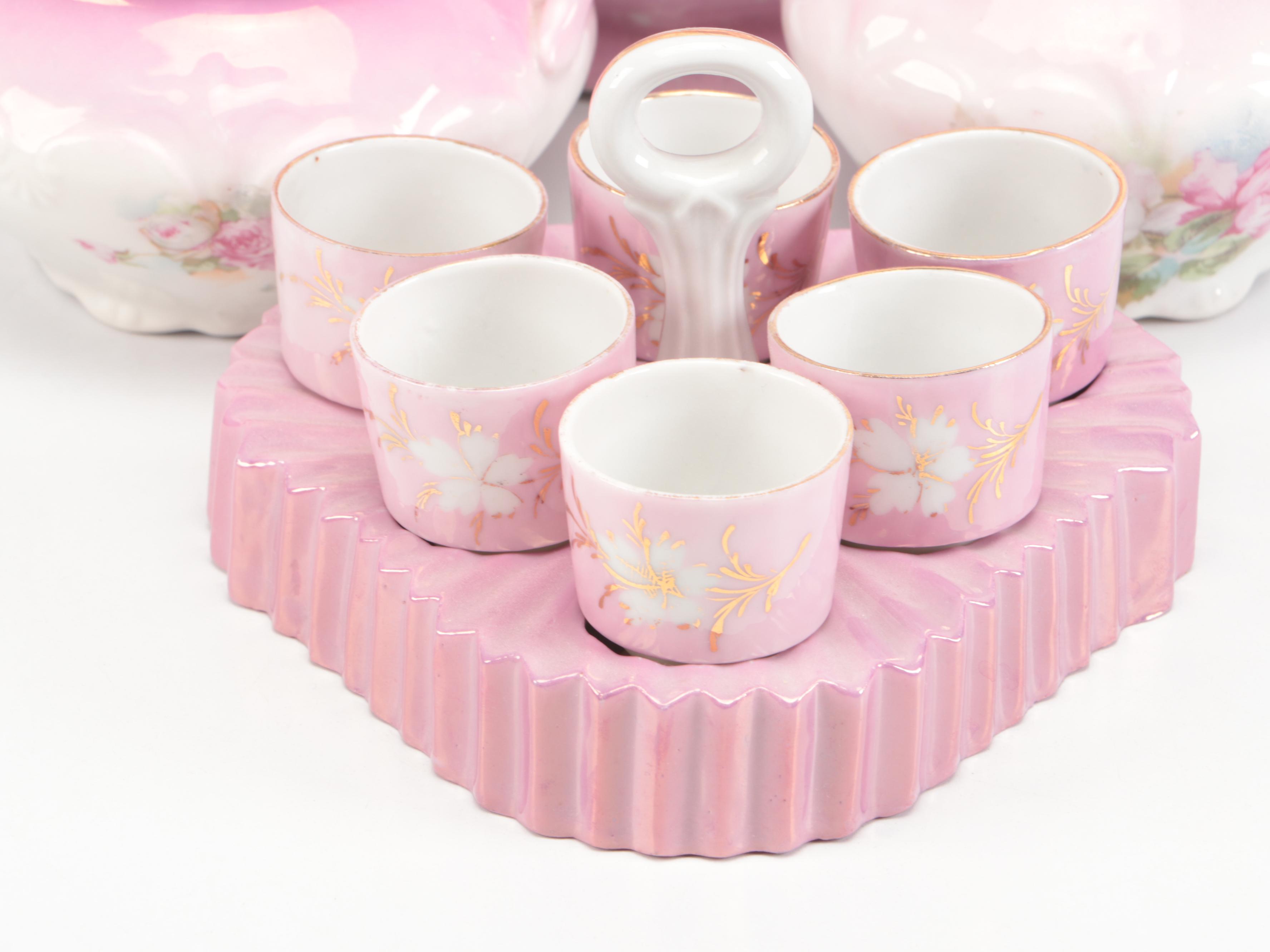 Victorian Pink Ceramic Biscuit Barrel with Other Tableware