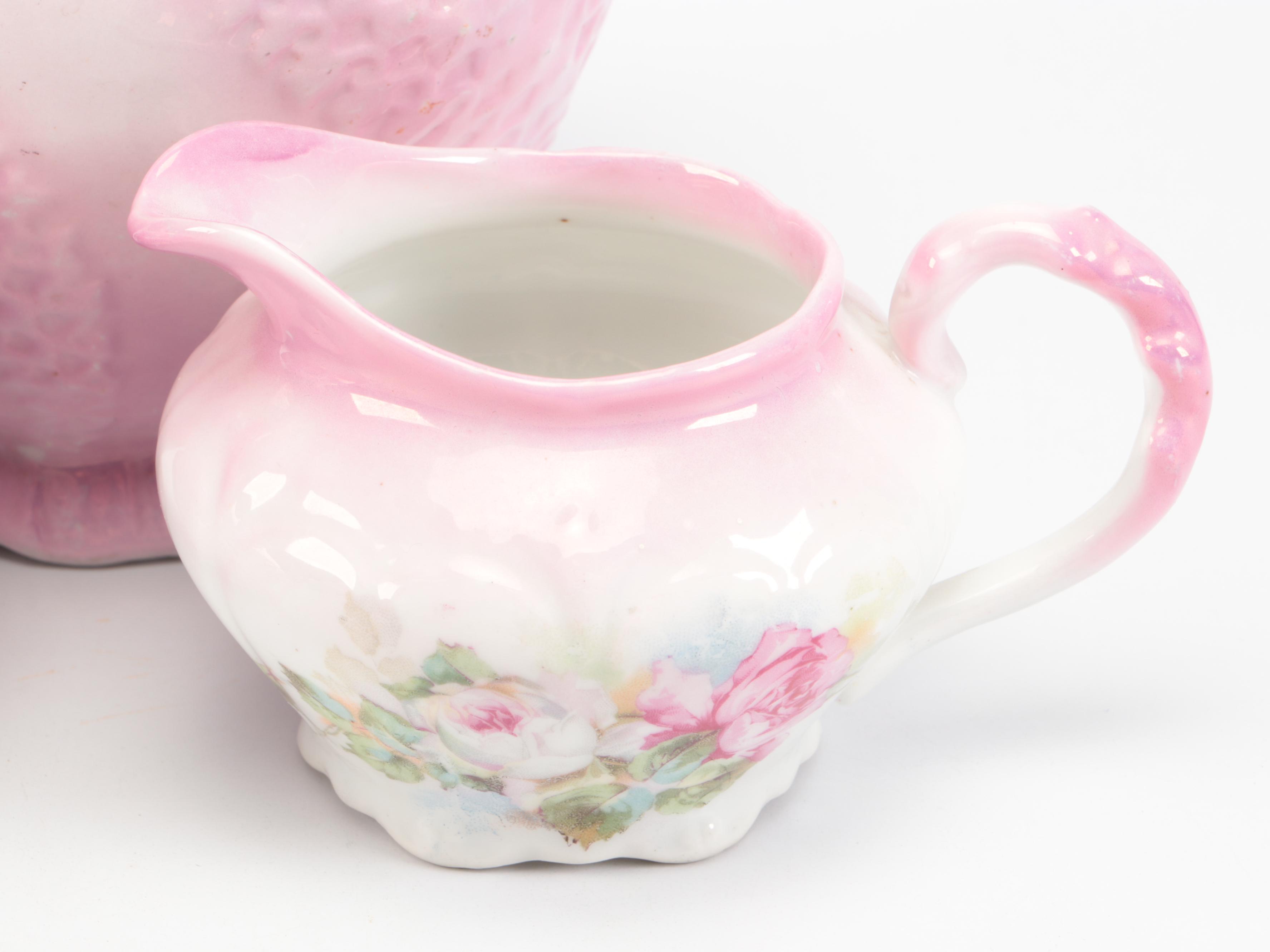 Victorian Pink Ceramic Biscuit Barrel with Other Tableware