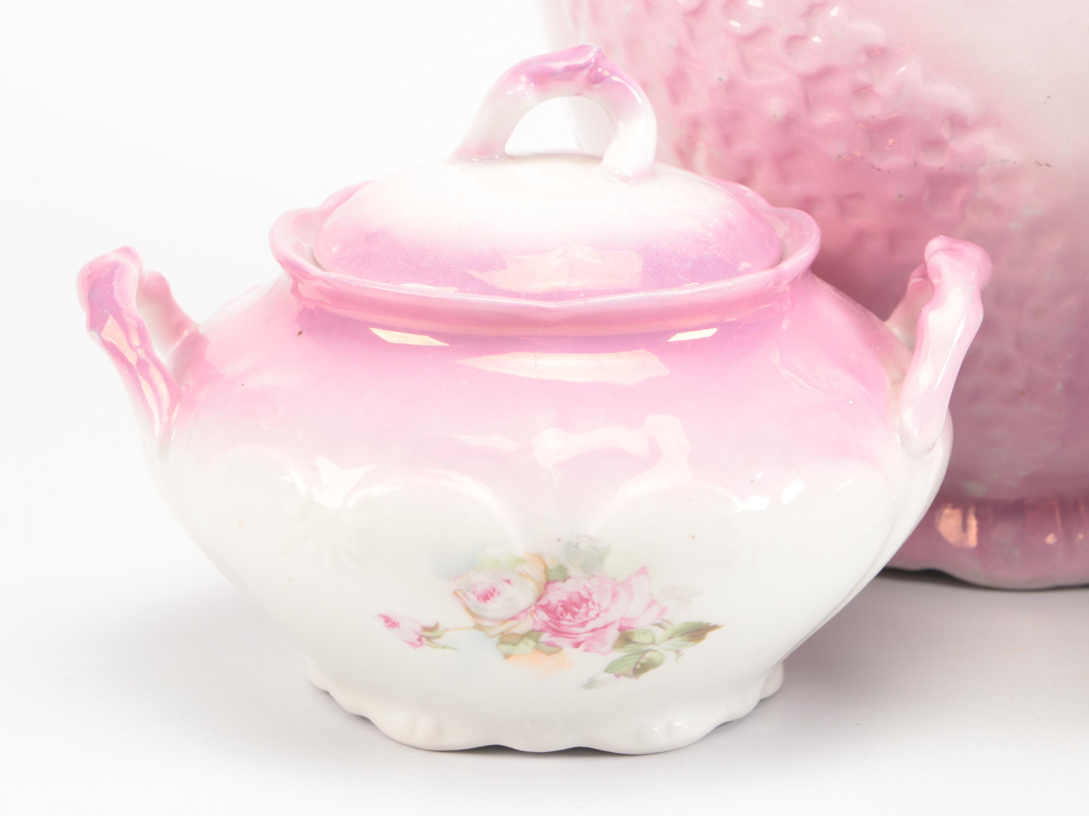 Victorian Pink Ceramic Biscuit Barrel with Other Tableware