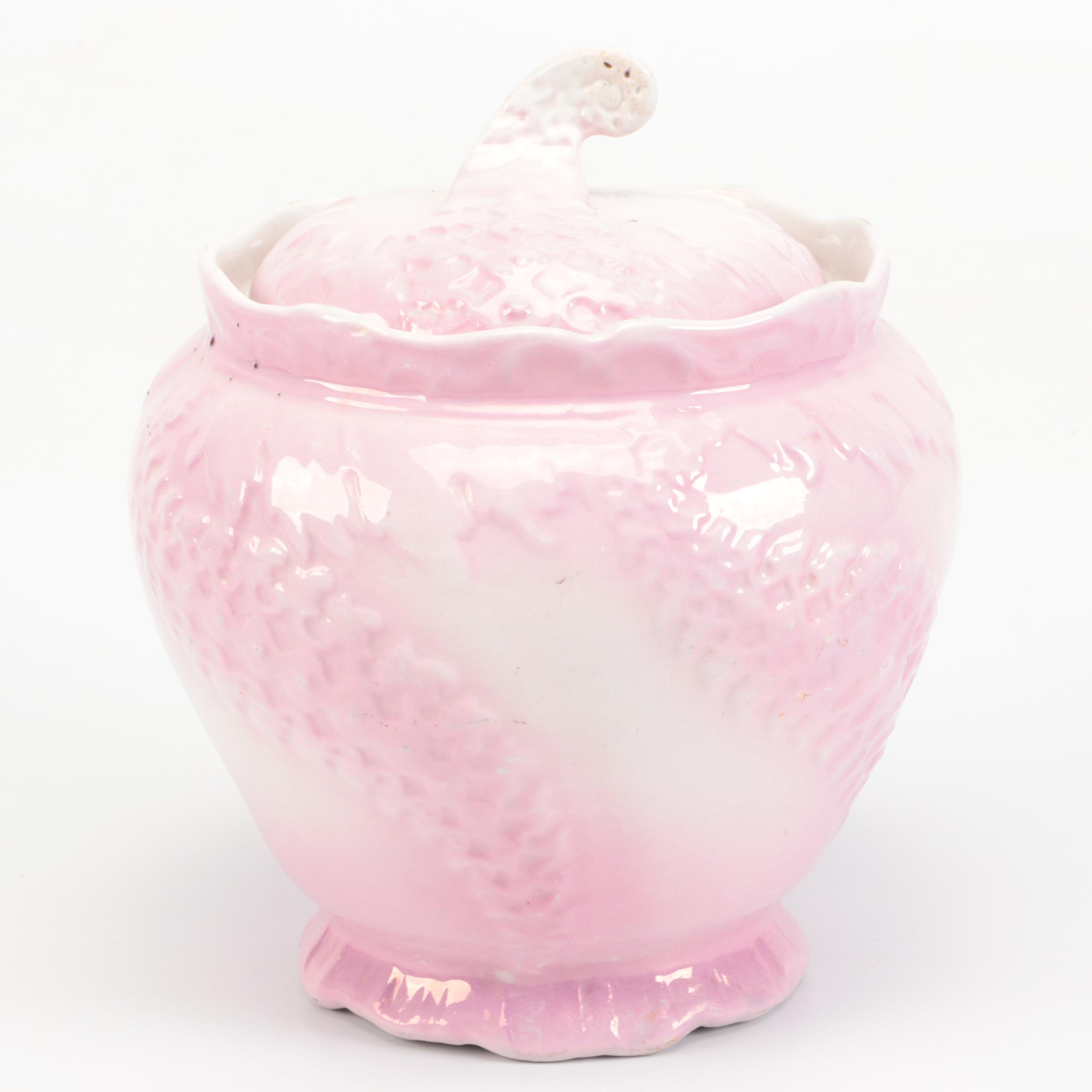 Victorian Pink Ceramic Biscuit Barrel with Other Tableware