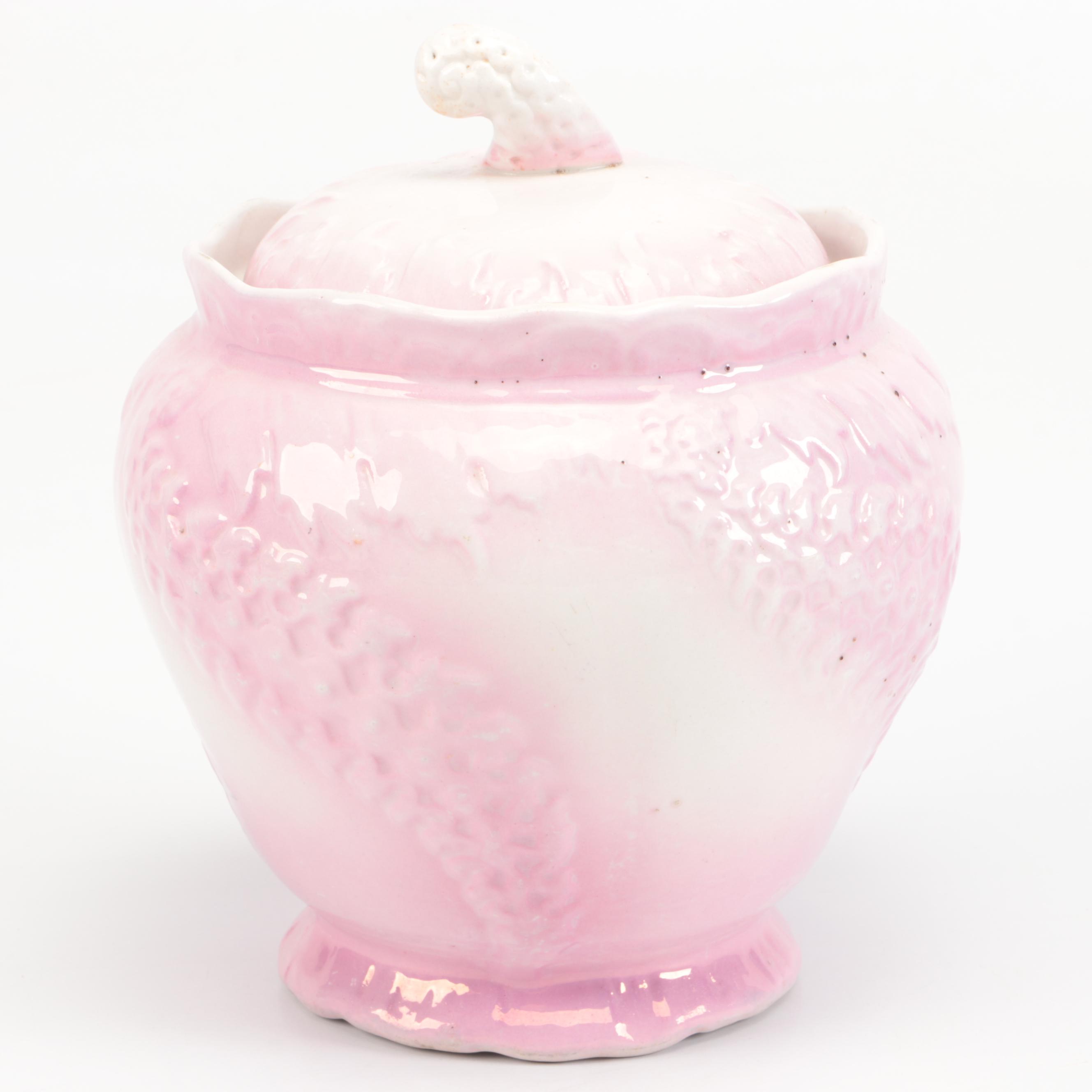 Victorian Pink Ceramic Biscuit Barrel with Other Tableware
