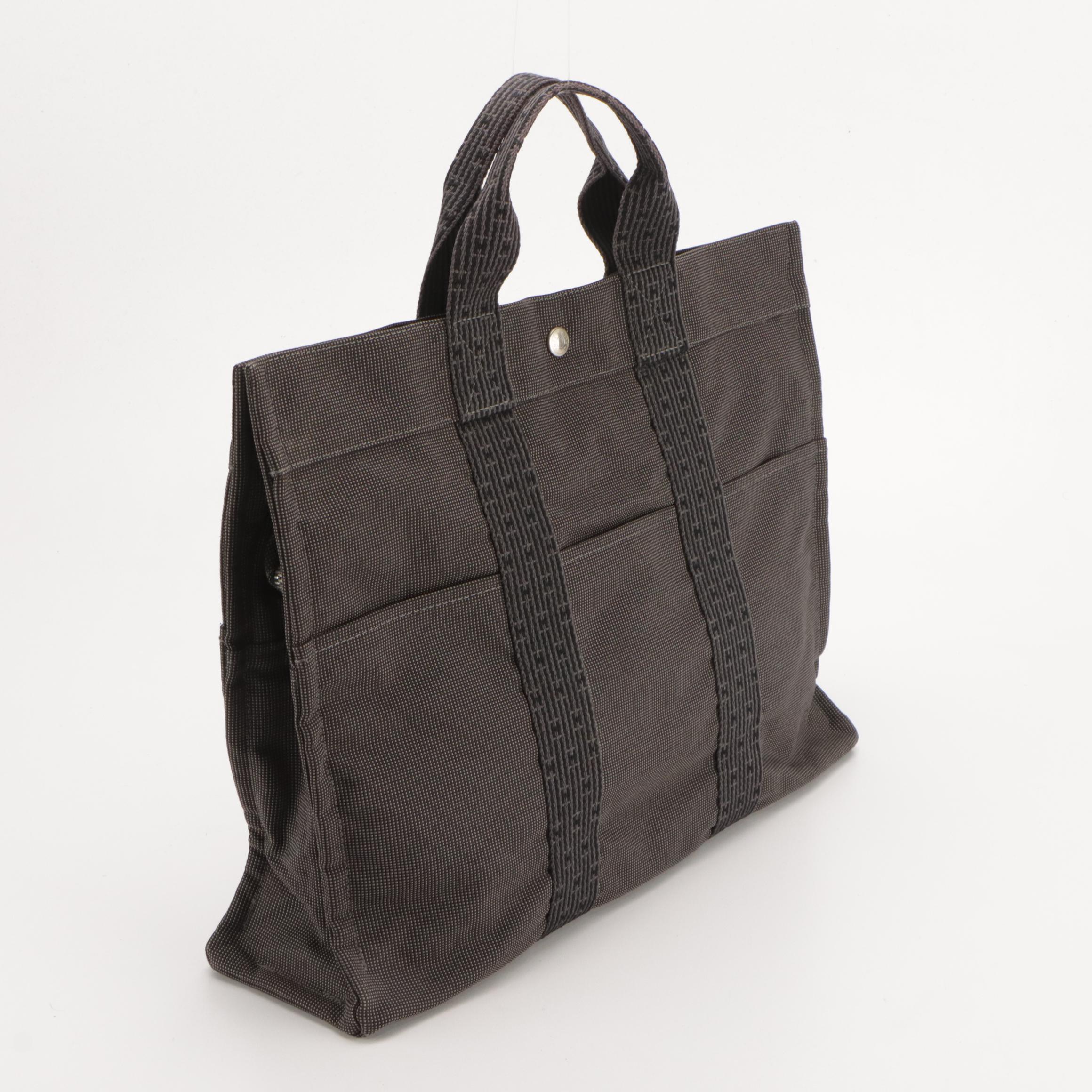 Hermès Herline Fourre-Tout MM Zip Tote in Grey and Black Nylon Canvas