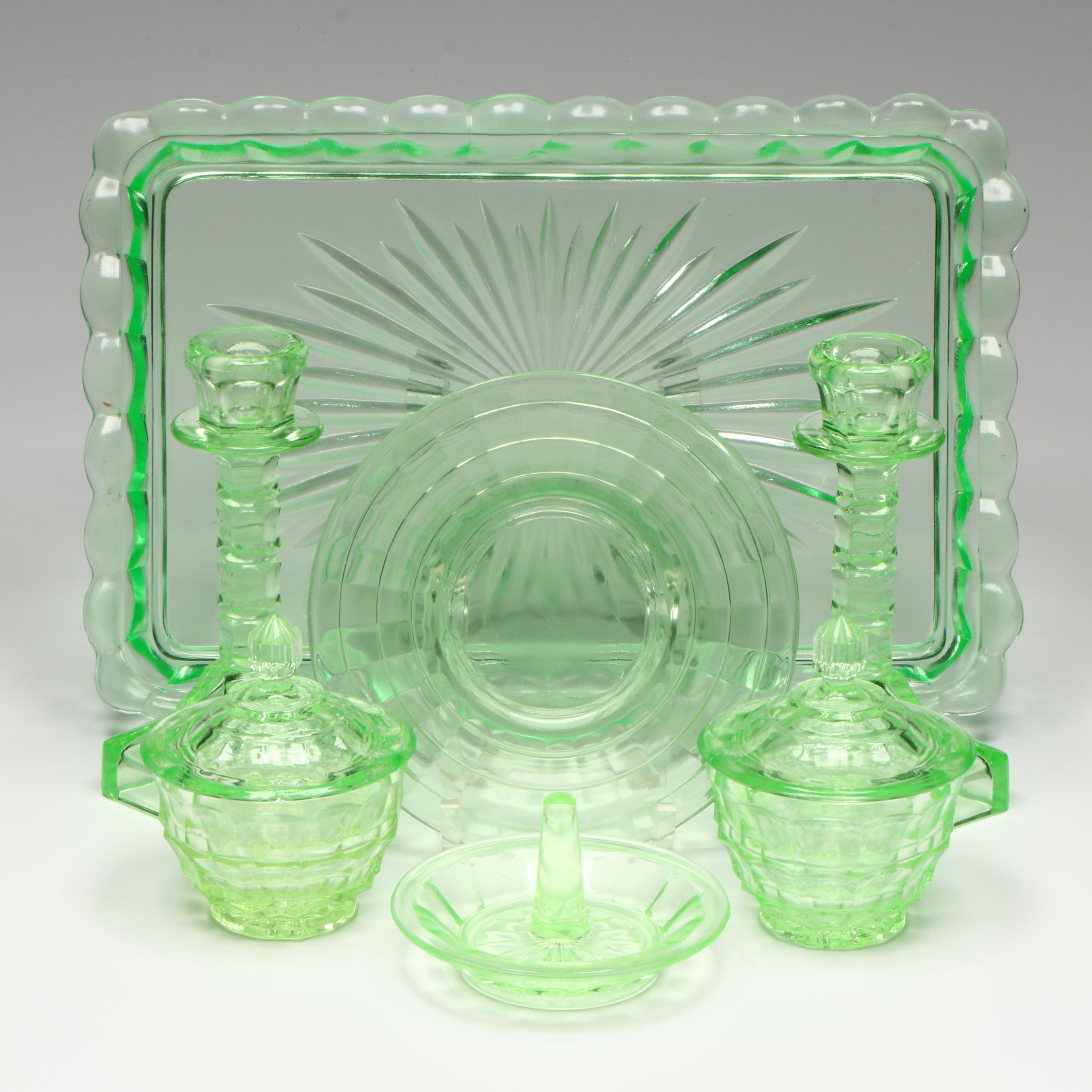 Uranium Glass Vanity Set with Candlesticks and More, 20th Century