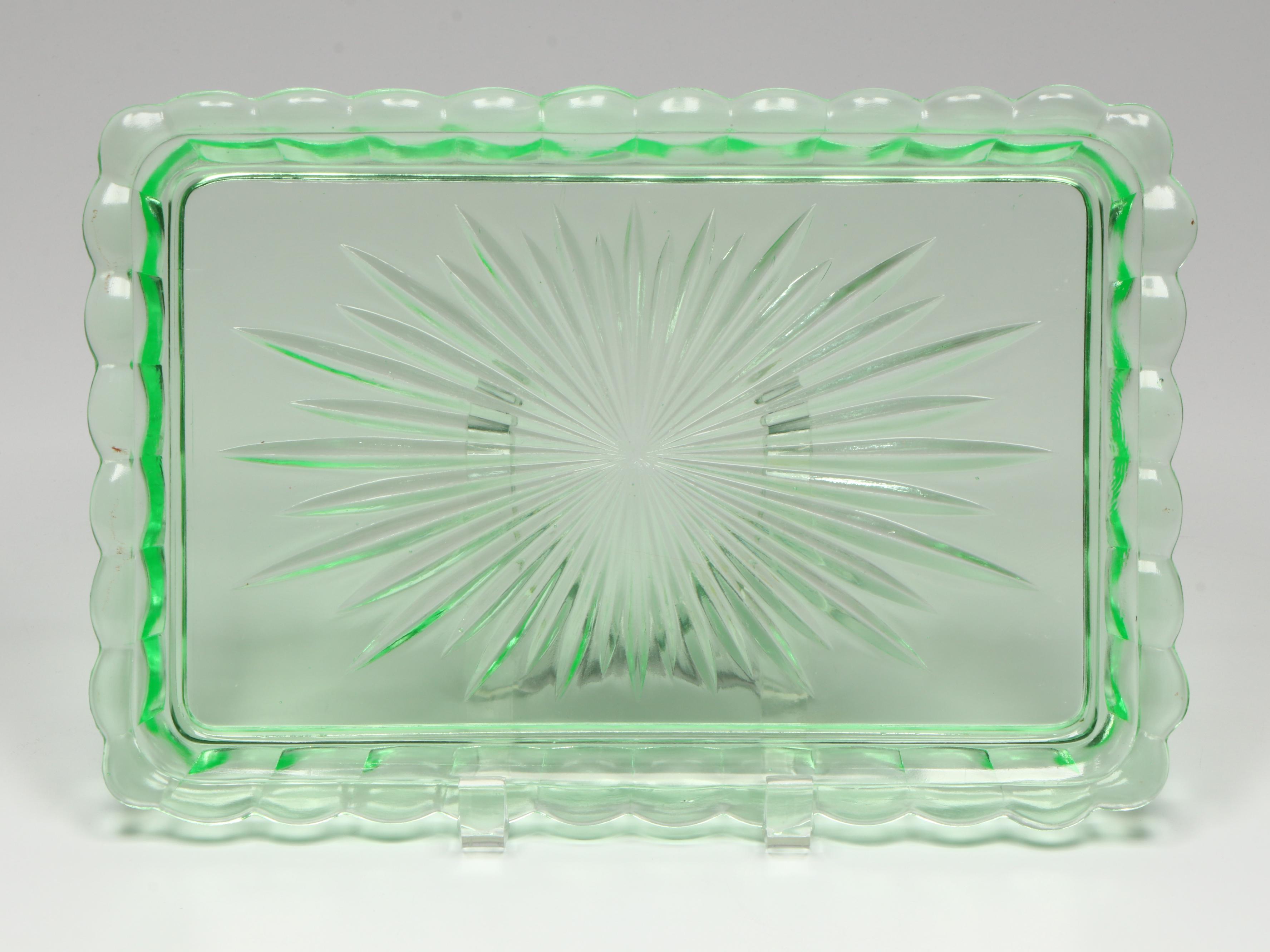 Uranium Glass Vanity Set with Candlesticks and More, 20th Century