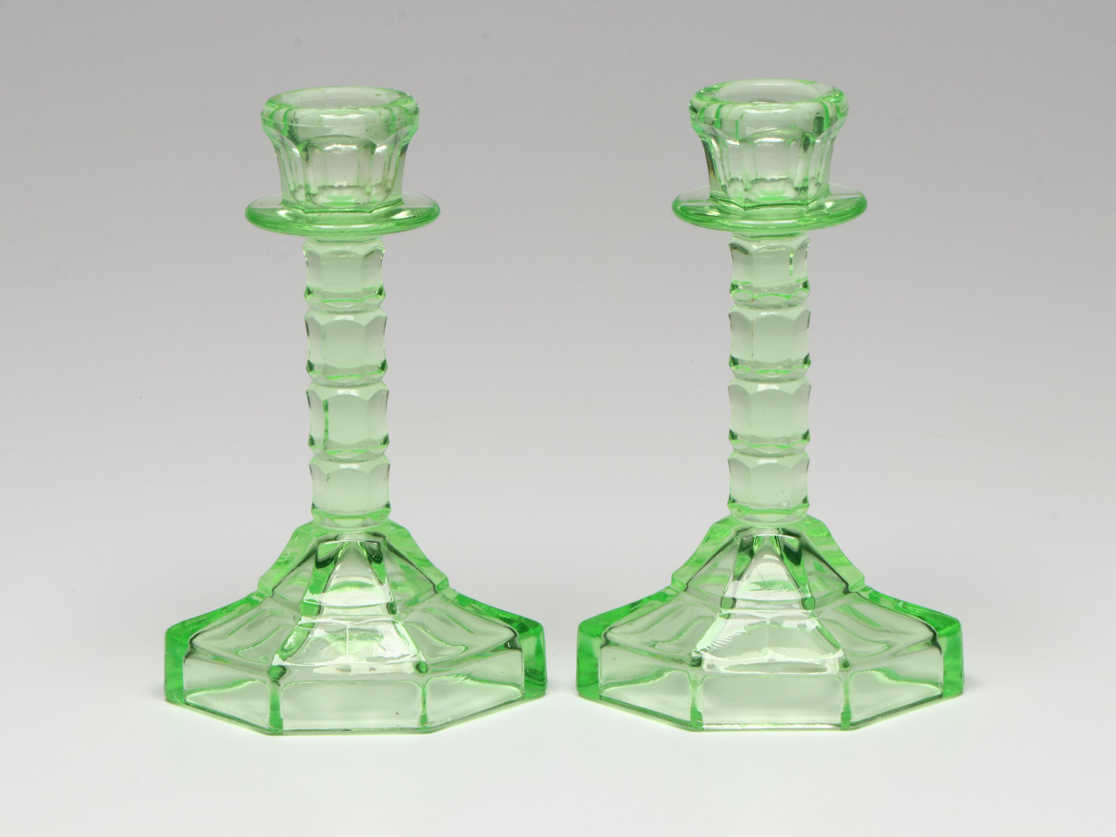 Uranium Glass Vanity Set with Candlesticks and More, 20th Century
