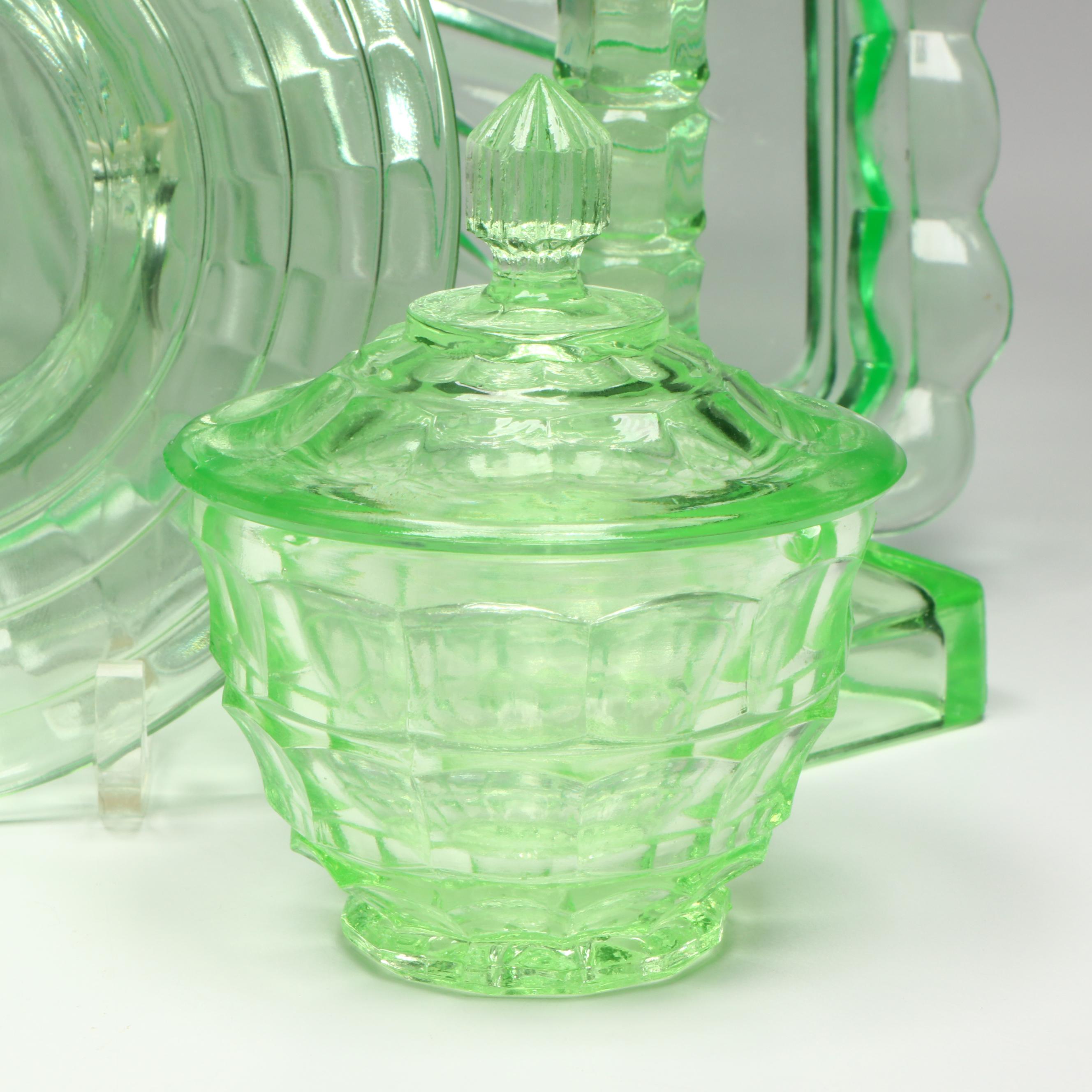 Uranium Glass Vanity Set with Candlesticks and More, 20th Century