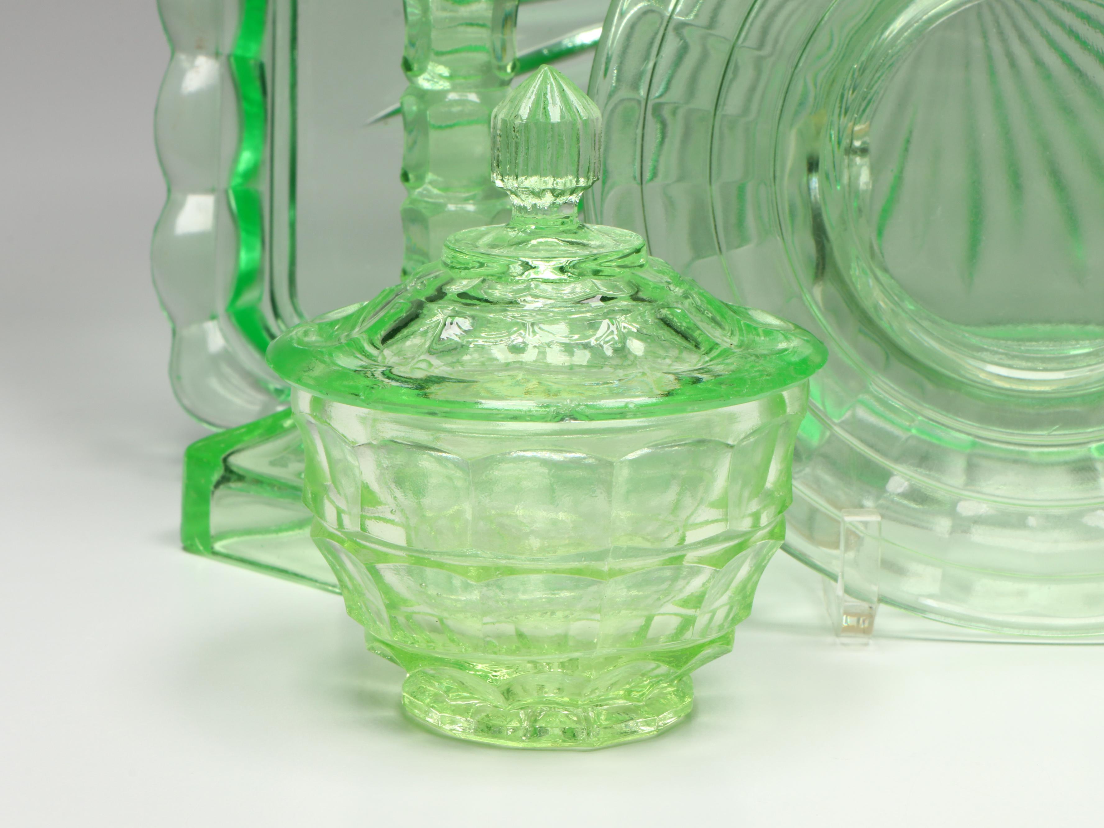 Uranium Glass Vanity Set with Candlesticks and More, 20th Century