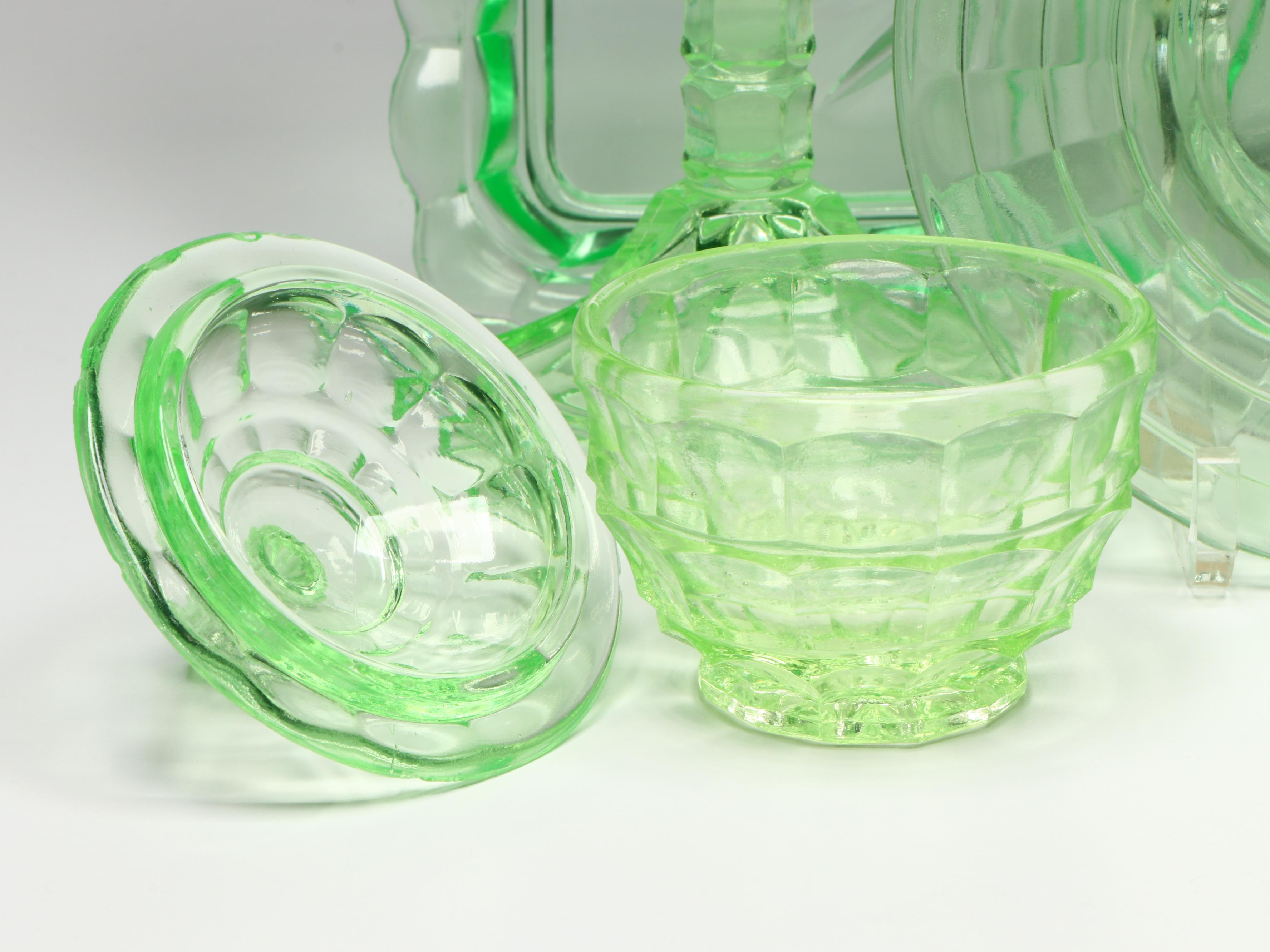 Uranium Glass Vanity Set with Candlesticks and More, 20th Century