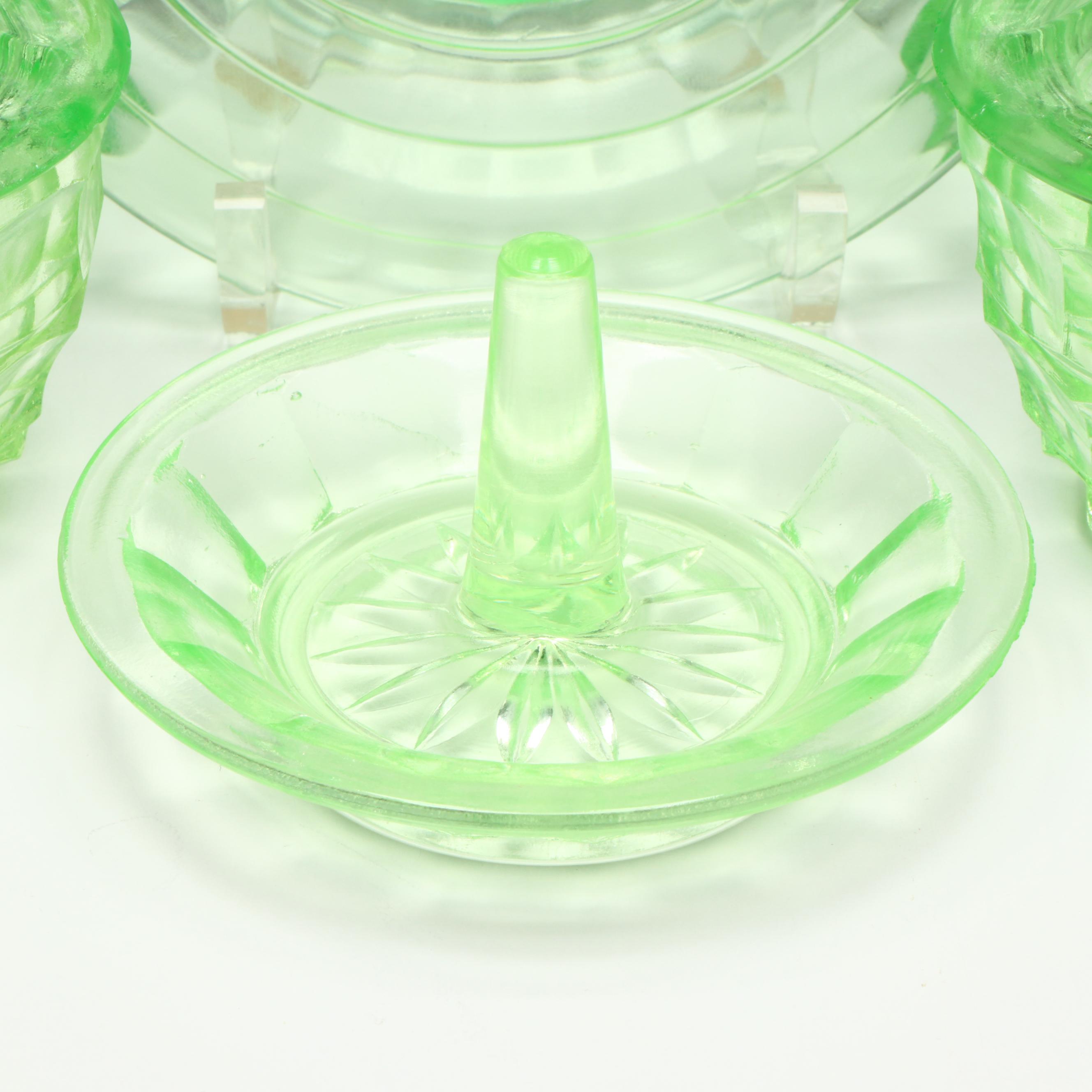 Uranium Glass Vanity Set with Candlesticks and More, 20th Century