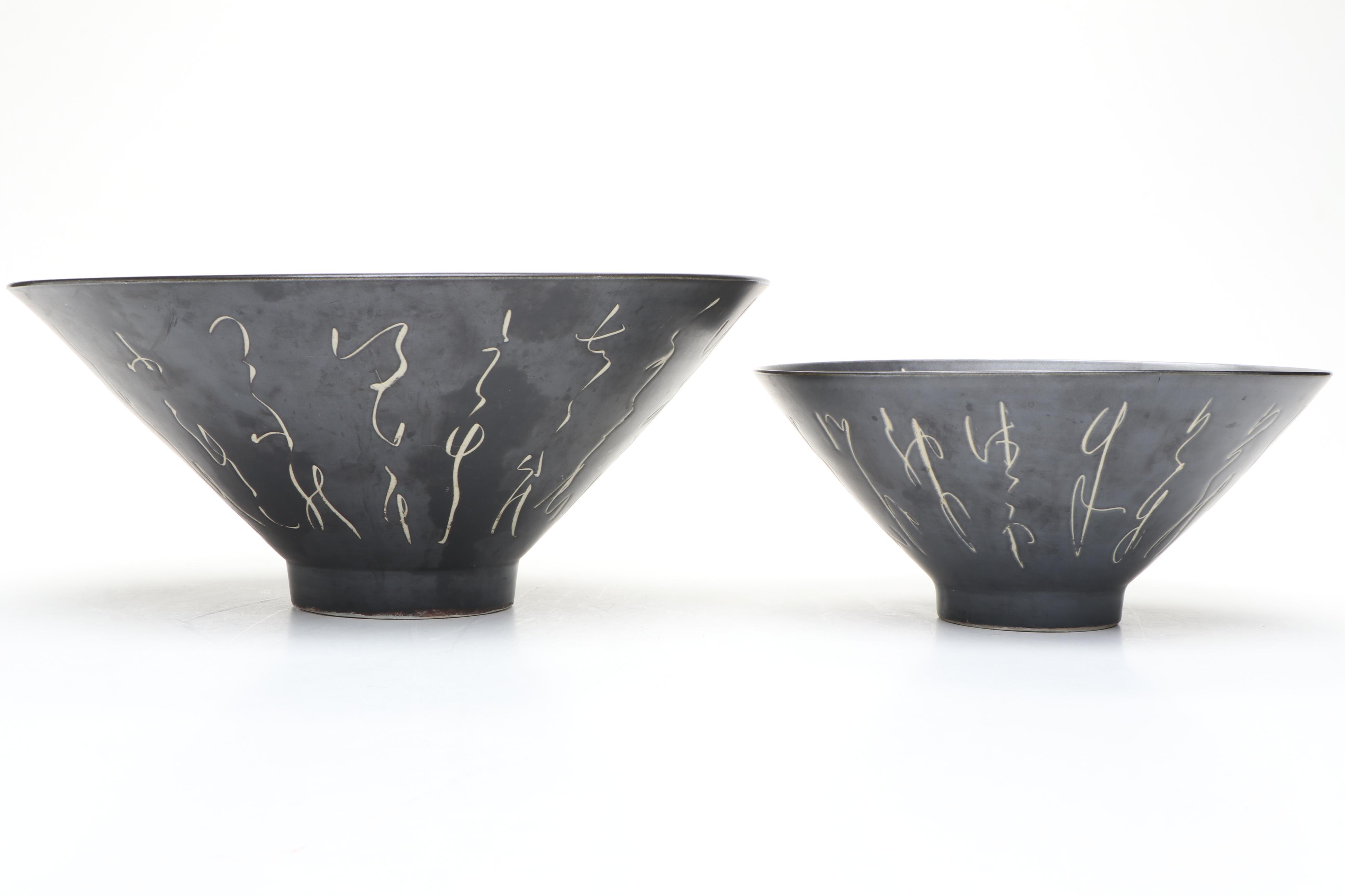 Japanese Script Ceramic Bowls with Vase and Lidded Jar