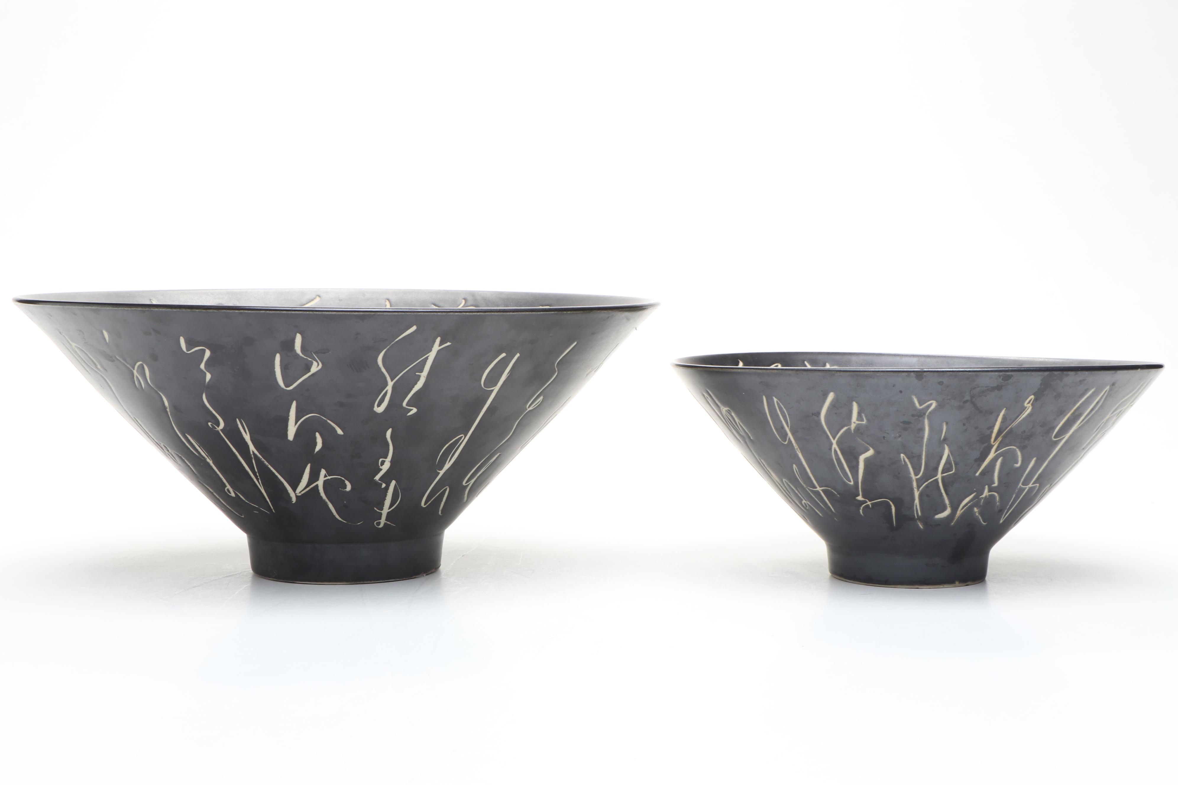 Japanese Script Ceramic Bowls with Vase and Lidded Jar