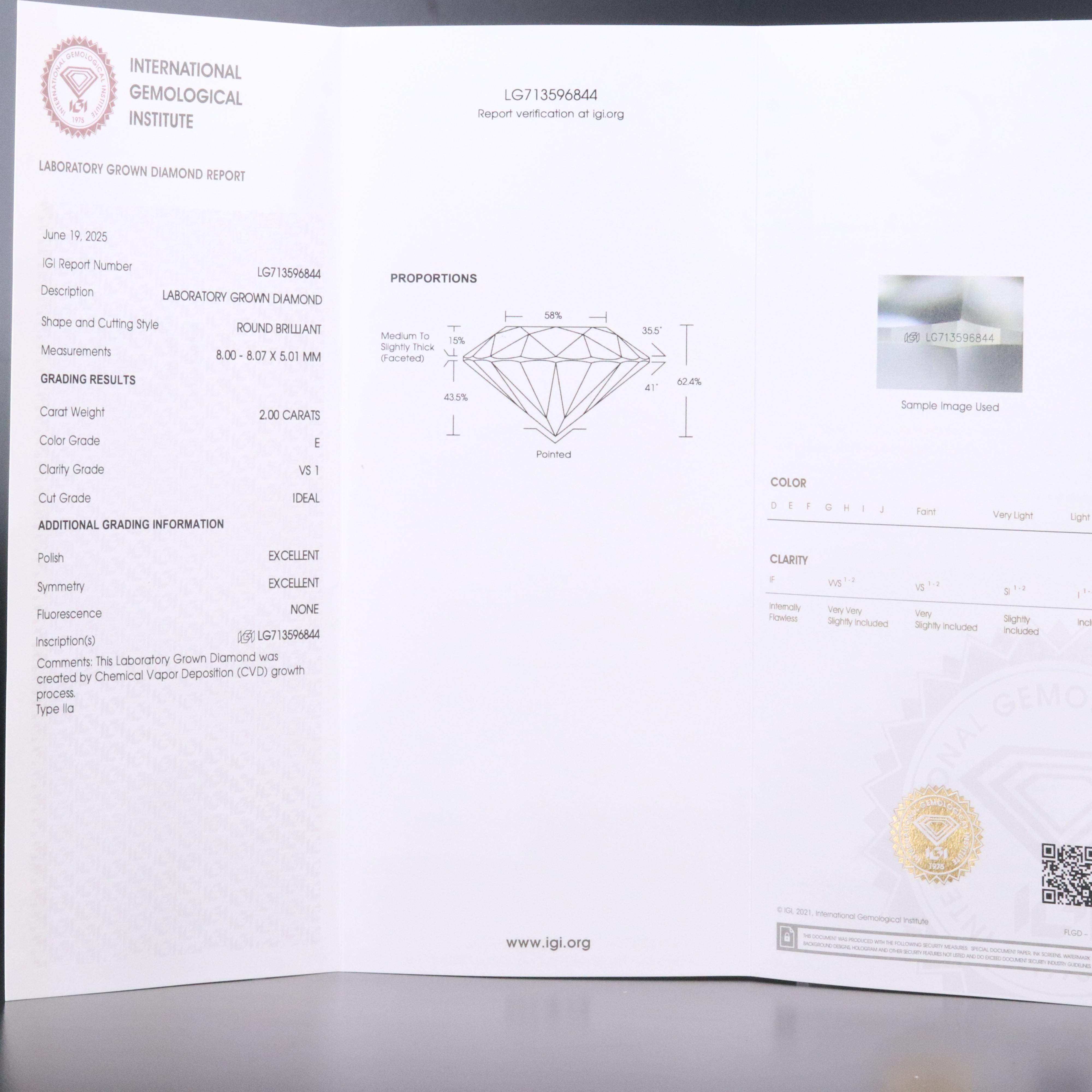 14K 2.00 CT Lab Grown Diamond Solitaire Ring with IGI Report