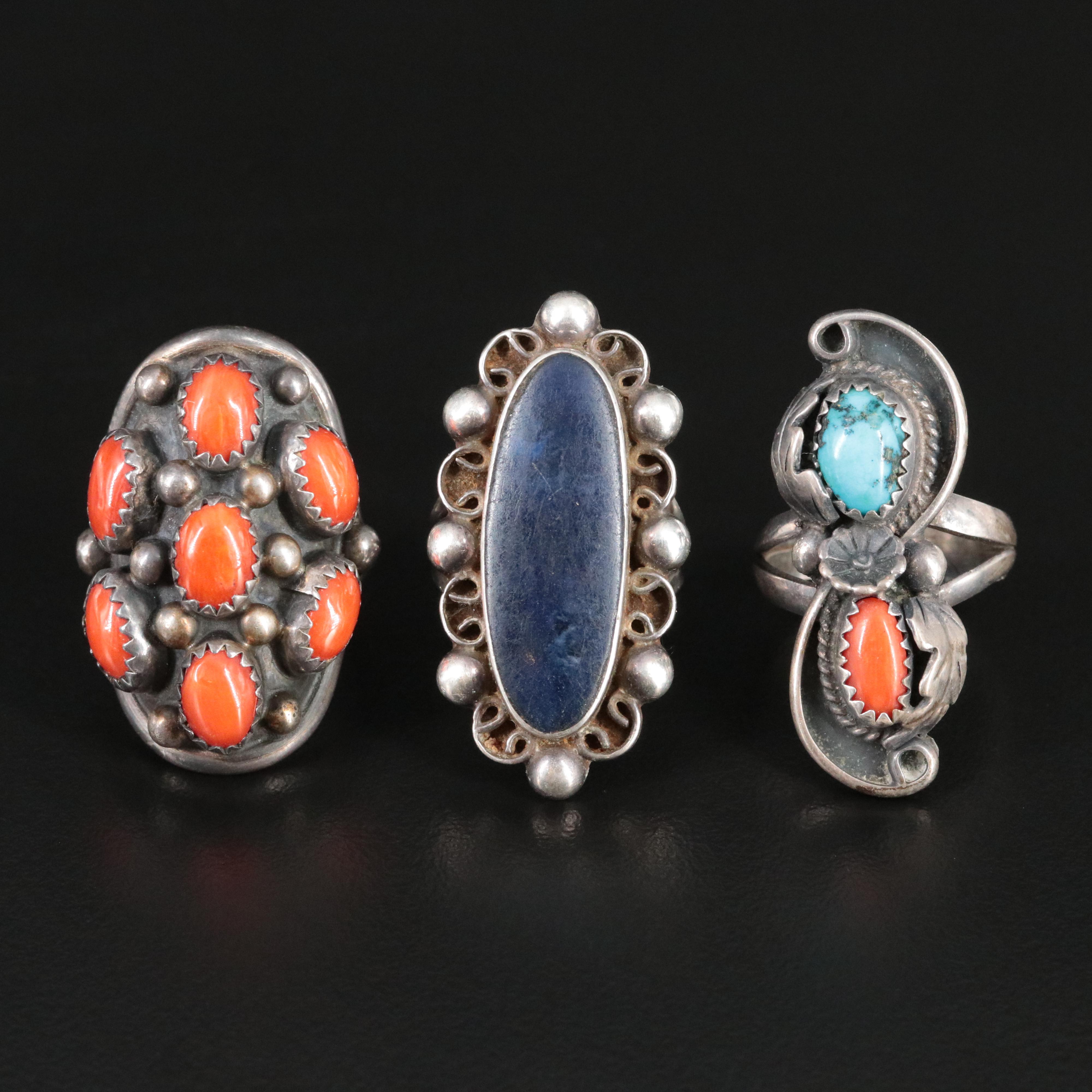 Vintage Southwestern and Mexican Sterling Turquoise, Coral and Sodalite Rings
