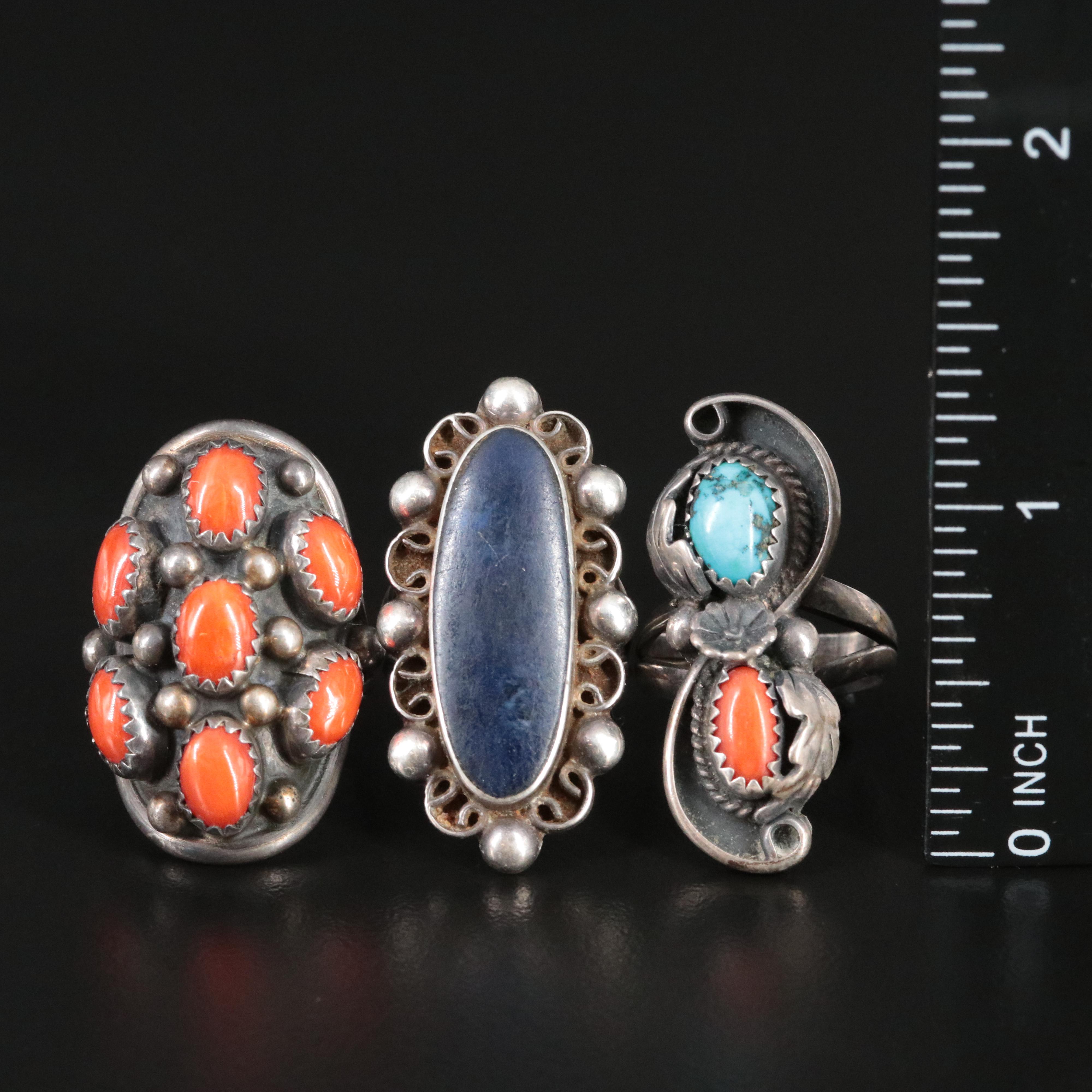 Vintage Southwestern and Mexican Sterling Turquoise, Coral and Sodalite Rings