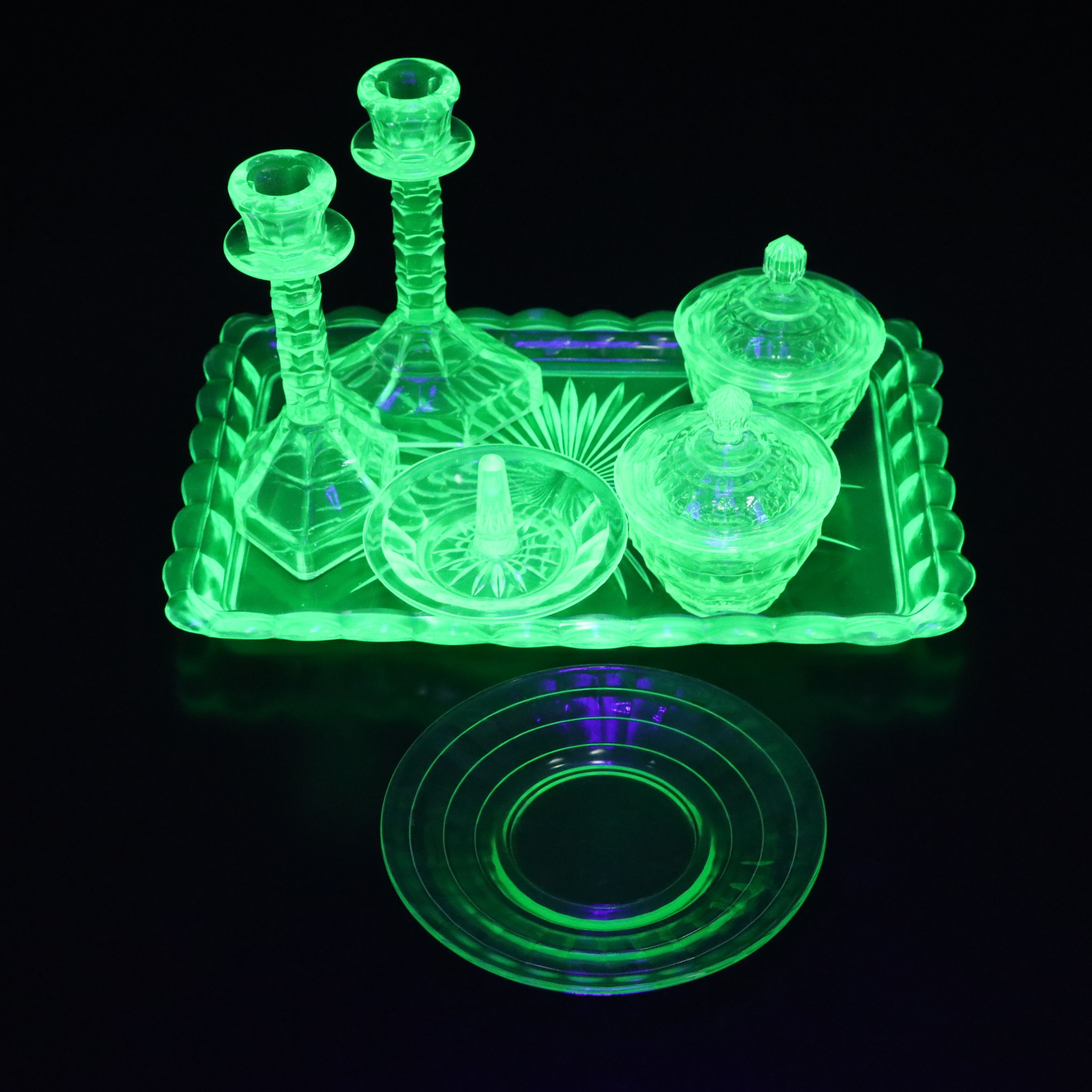 Uranium Glass Vanity Set with Candlesticks and More, 20th Century