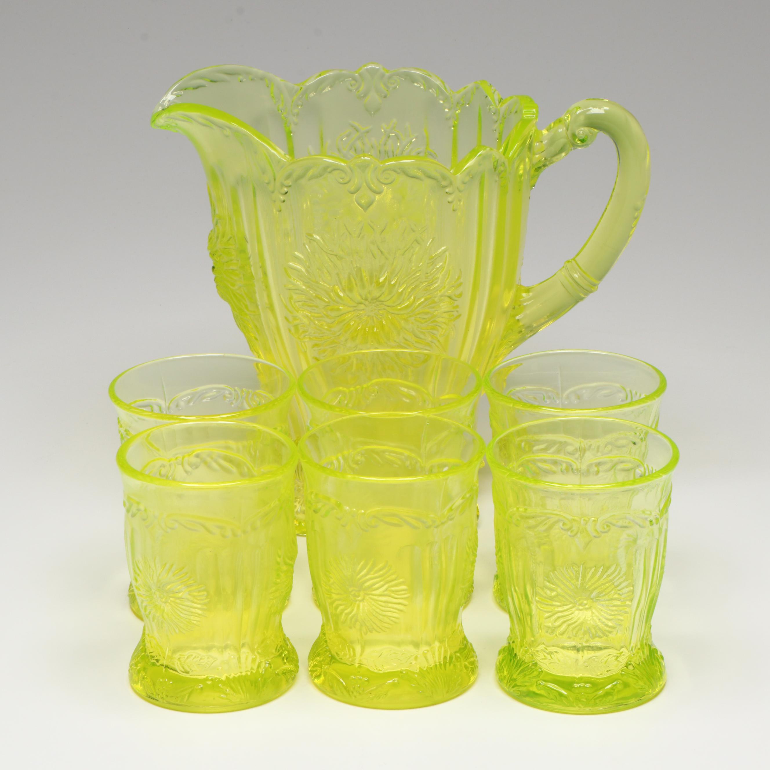 Mosser Uranium Glass "Dahlia" Pitcher and Glasses