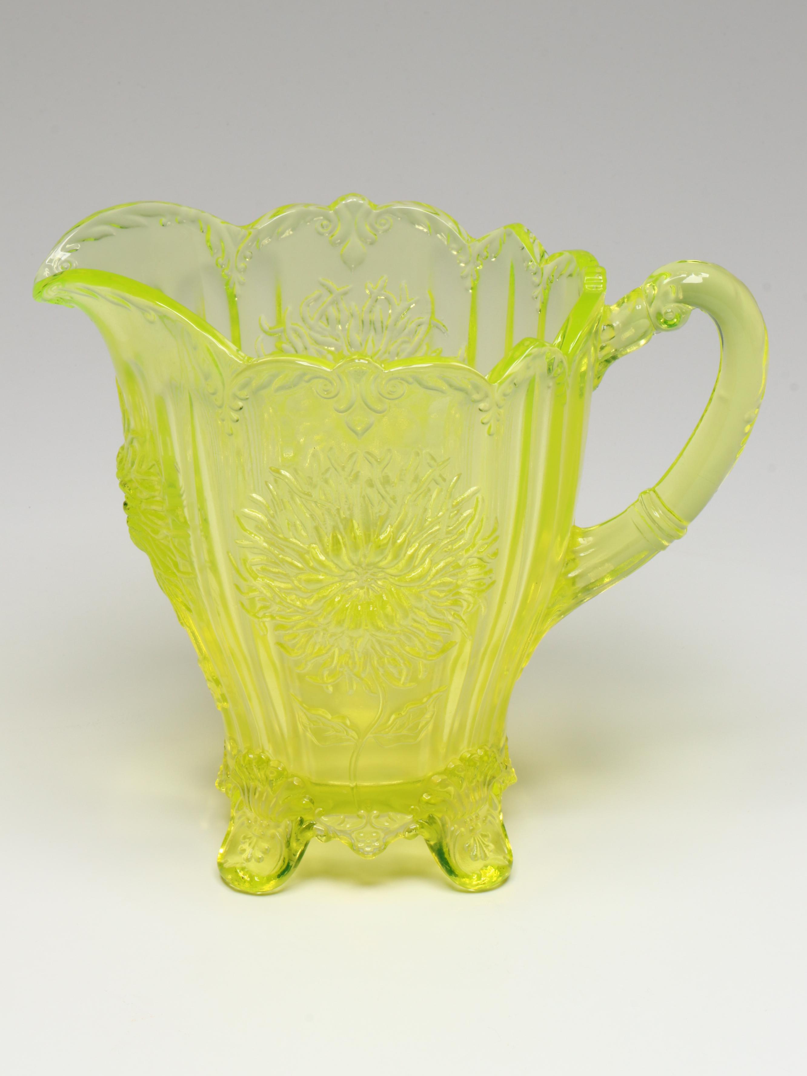 Mosser Uranium Glass "Dahlia" Pitcher and Glasses