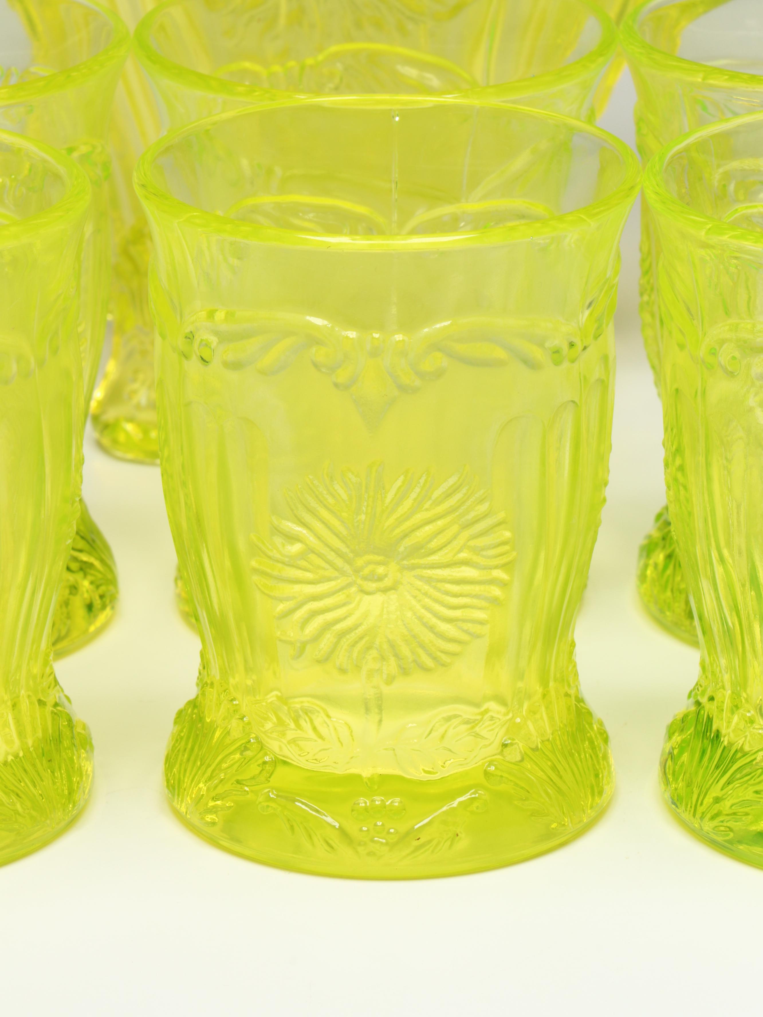 Mosser Uranium Glass "Dahlia" Pitcher and Glasses