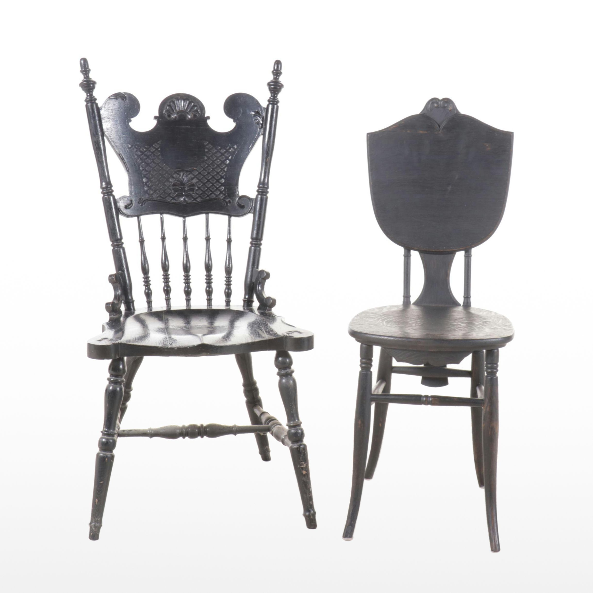 Victorian Painted Oak Tilt-Back Side Chair and Carved Oak Side Chair