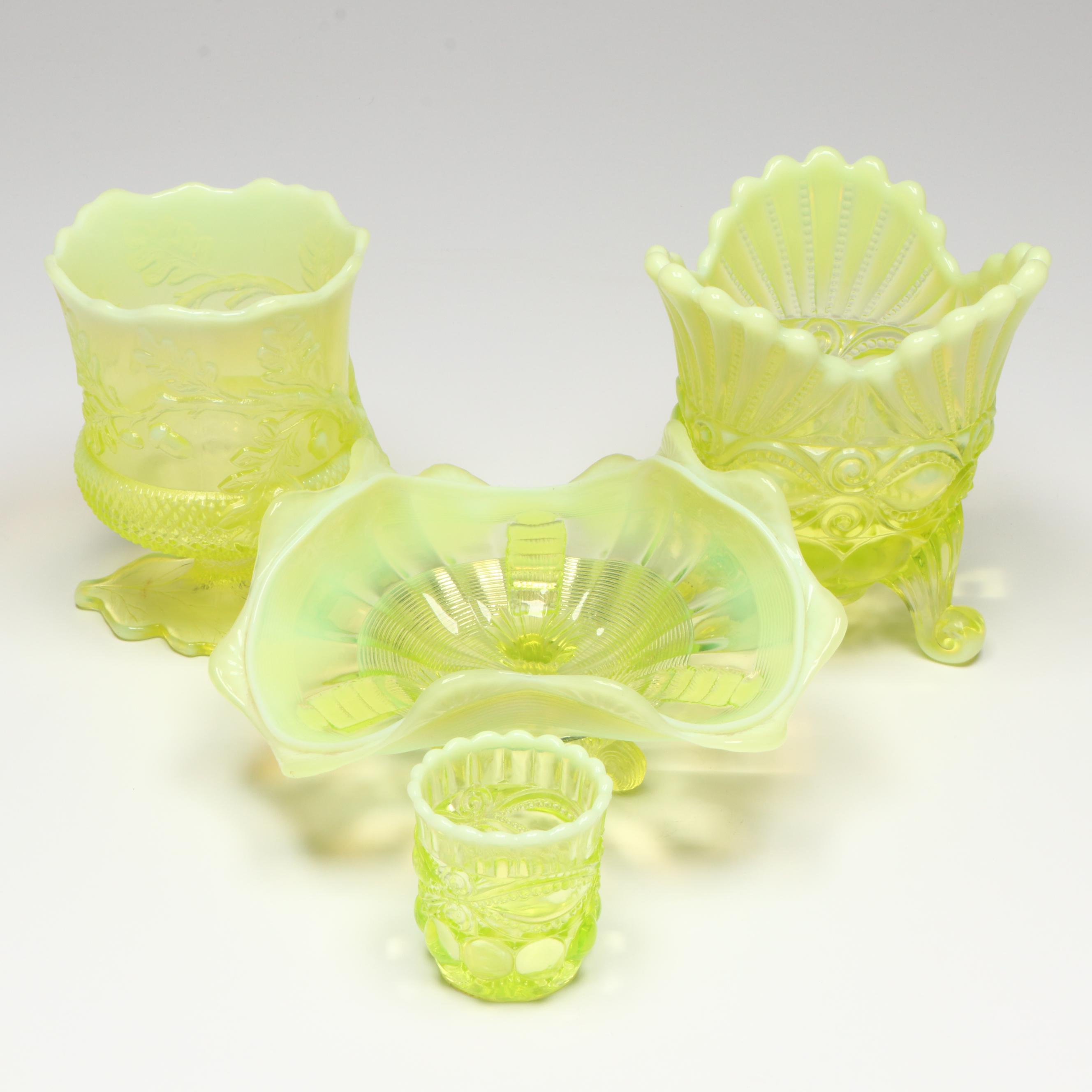 Mosser "Eye Winker" and "Acorn" Vaseline Glass Spoon Holders with More Glass