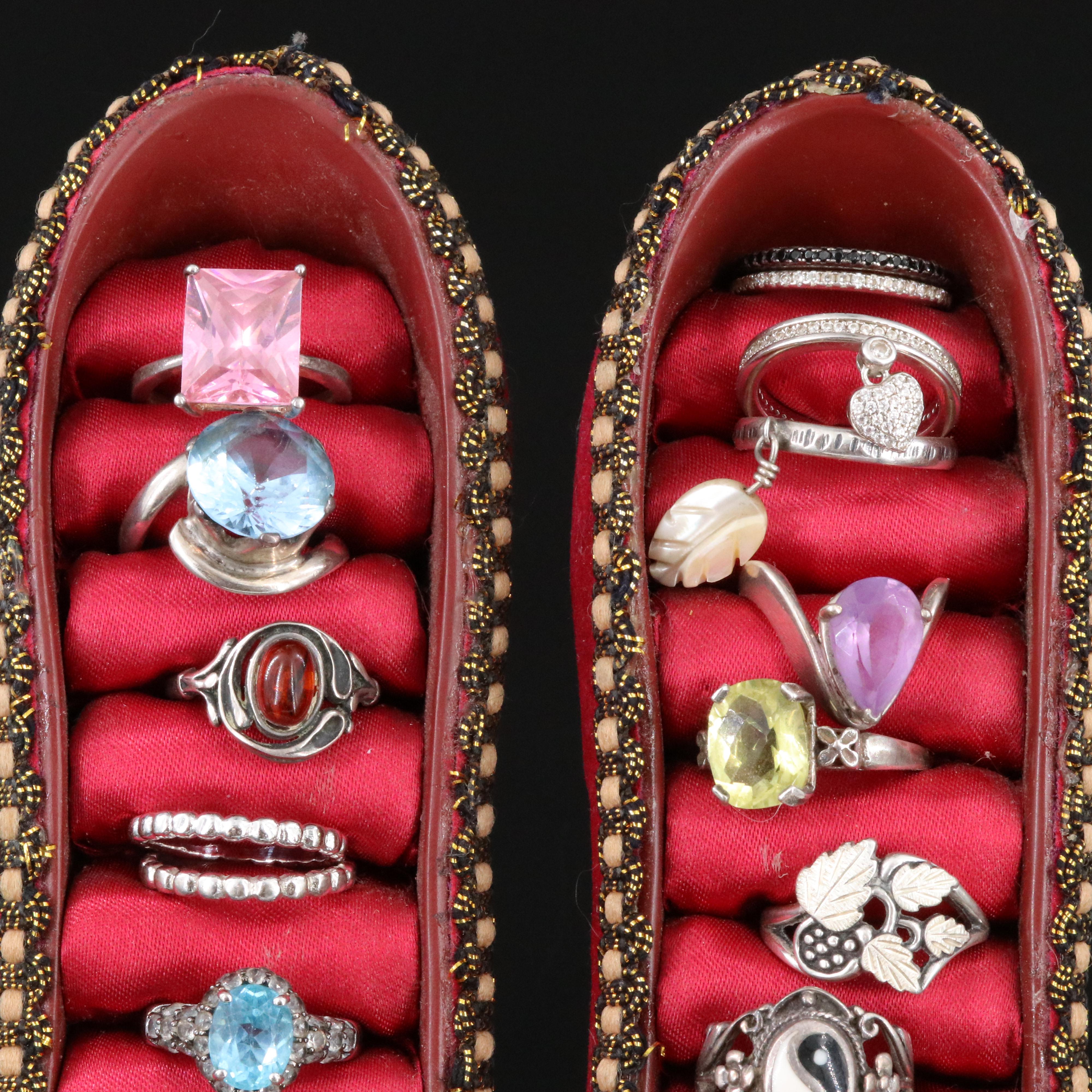 Sterling Ring Collection Including Amethyst, Amber and Shoe Ring Displays