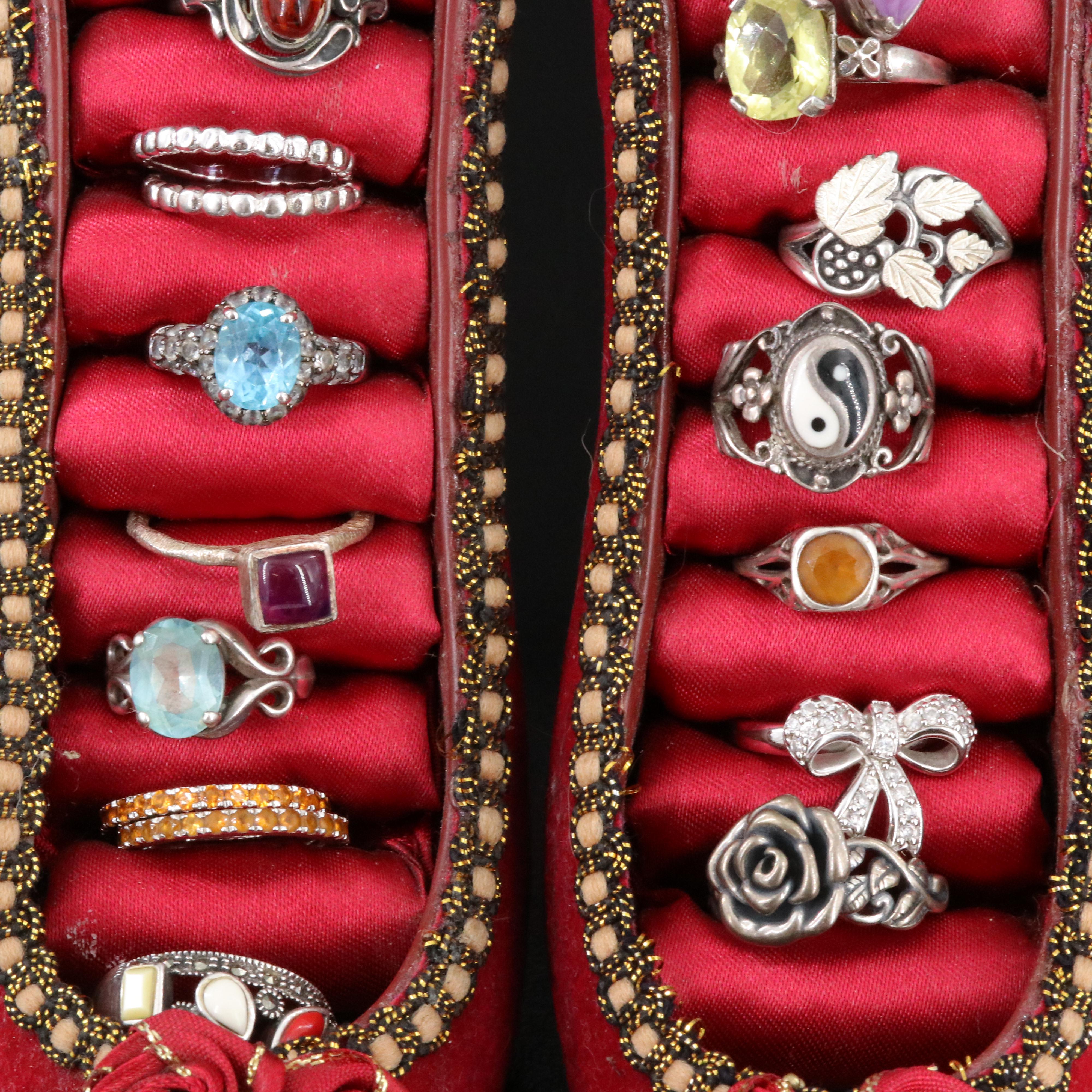 Sterling Ring Collection Including Amethyst, Amber and Shoe Ring Displays