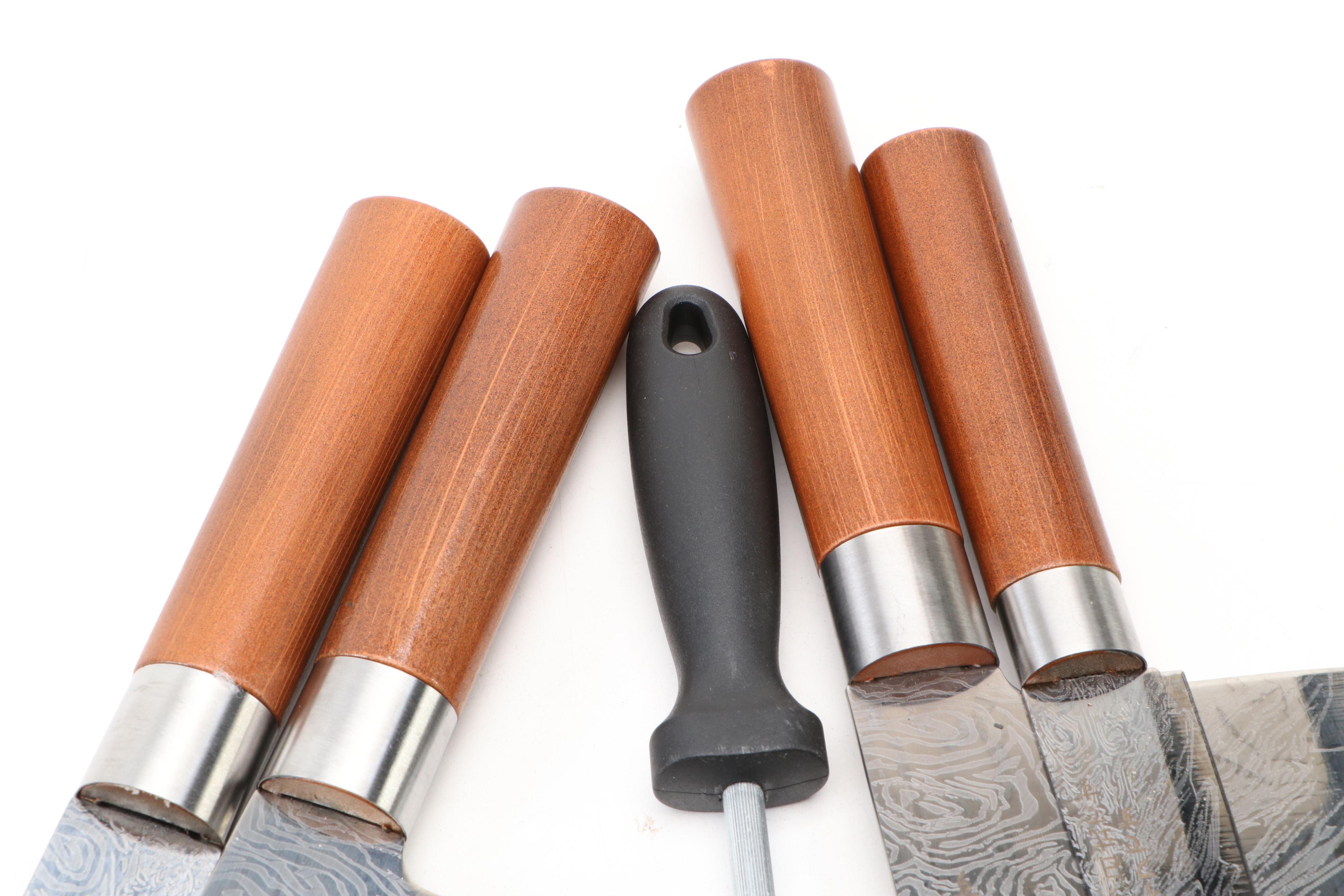 Japanese Style Etched Stainless Steel Chef's Knife Set in Canvas Roll