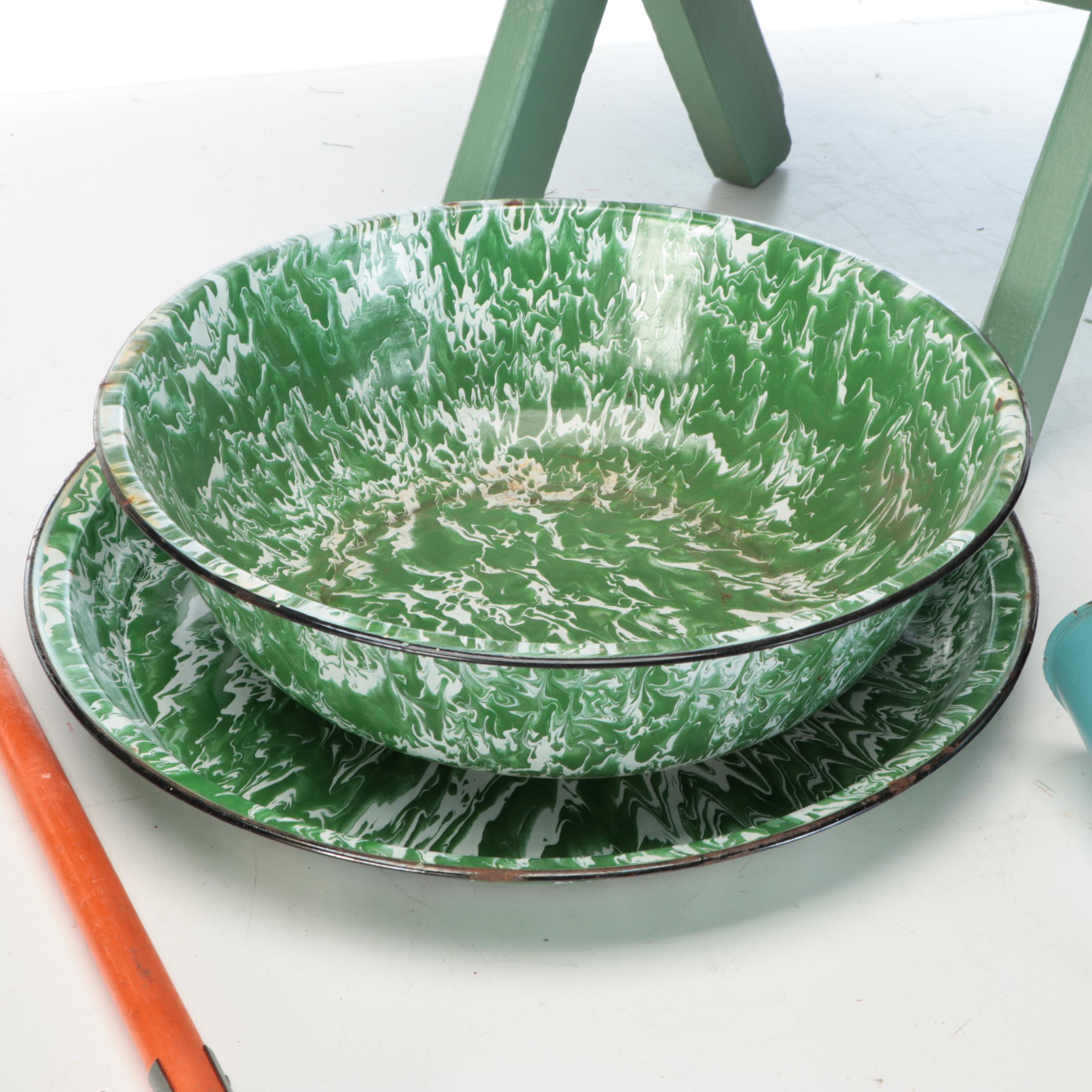 Green Painted Footstool with Enamel Basin and More