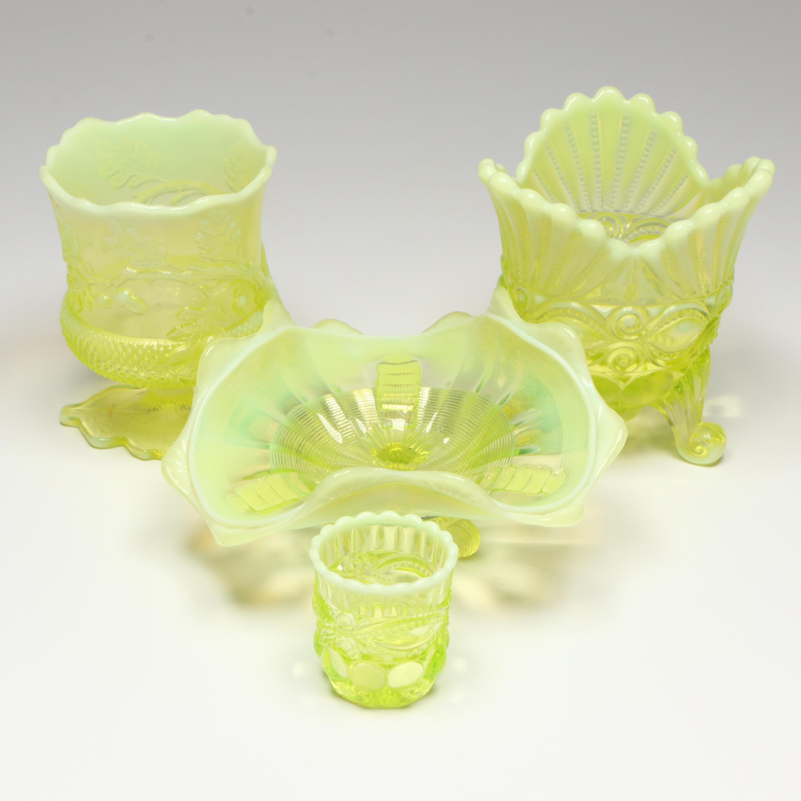 Mosser "Eye Winker" and "Acorn" Vaseline Glass Spoon Holders with More Glass