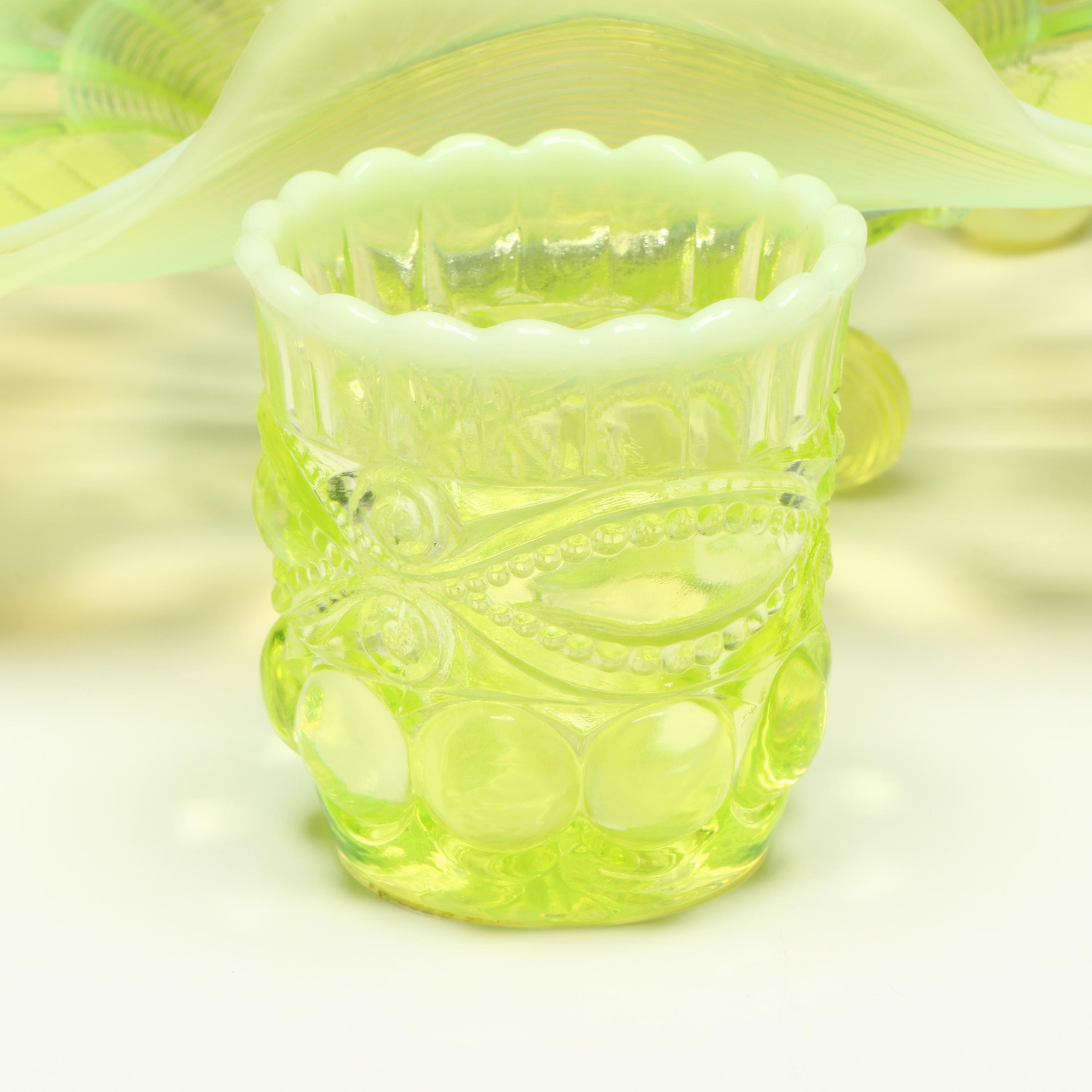 Mosser "Eye Winker" and "Acorn" Vaseline Glass Spoon Holders with More Glass