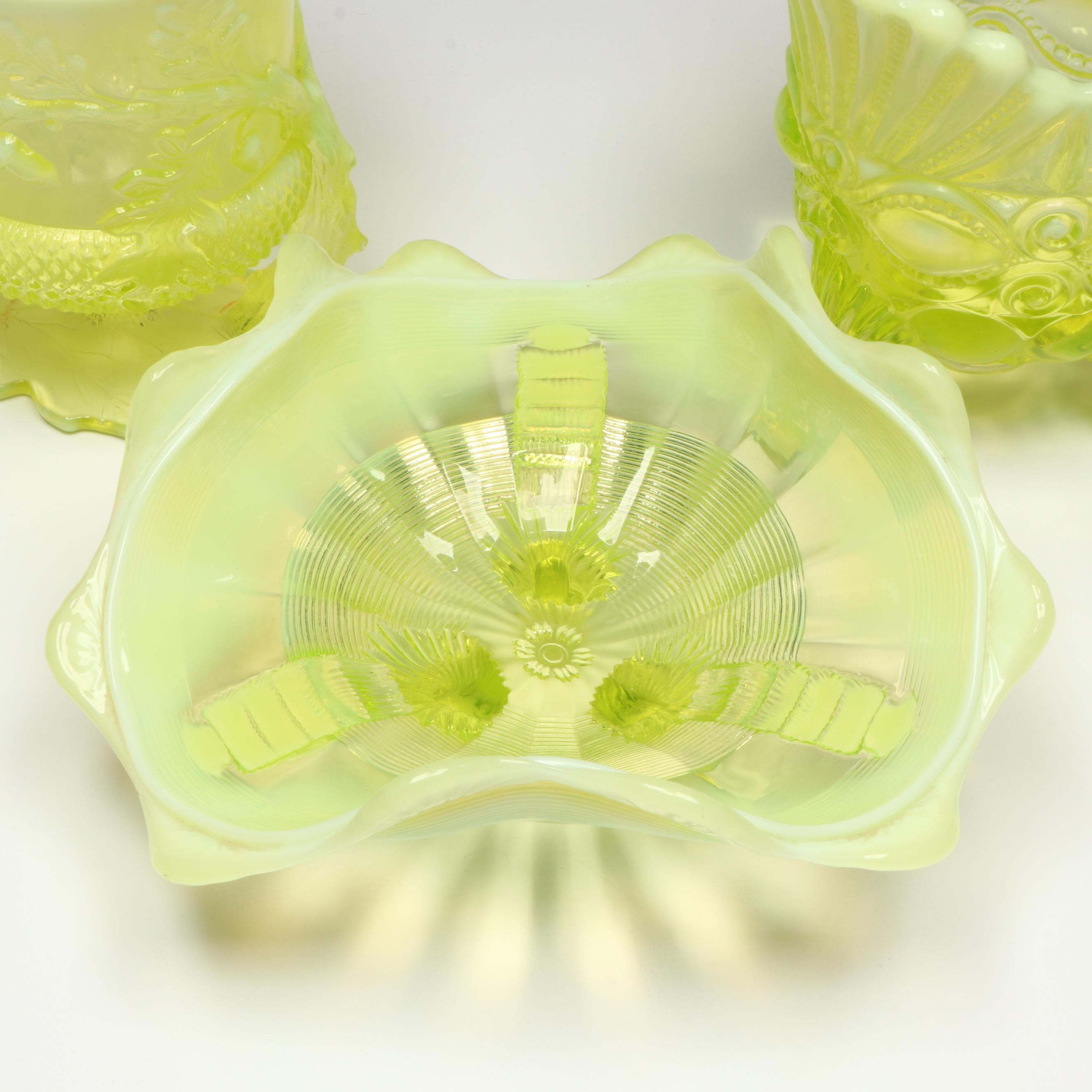 Mosser "Eye Winker" and "Acorn" Vaseline Glass Spoon Holders with More Glass