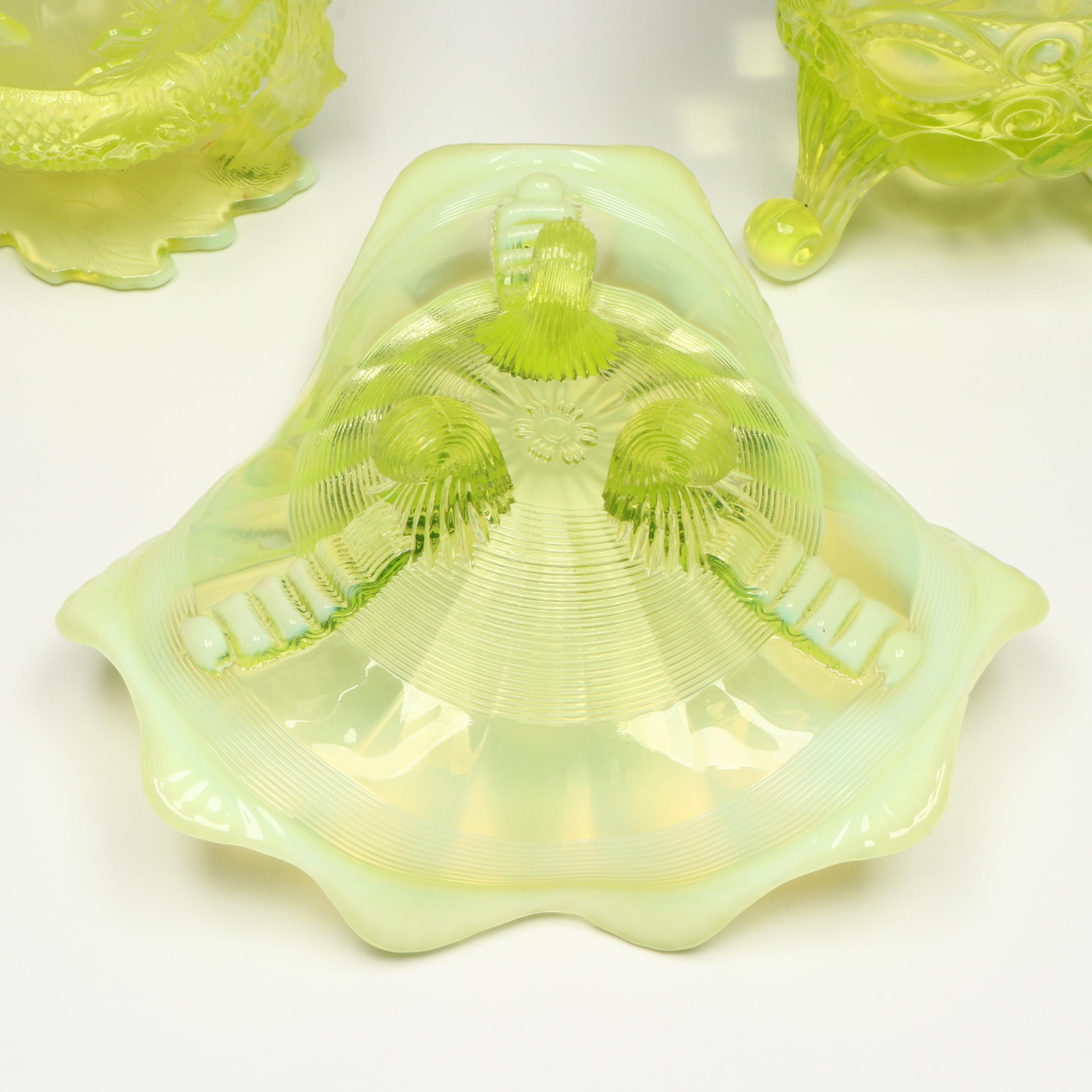 Mosser "Eye Winker" and "Acorn" Vaseline Glass Spoon Holders with More Glass