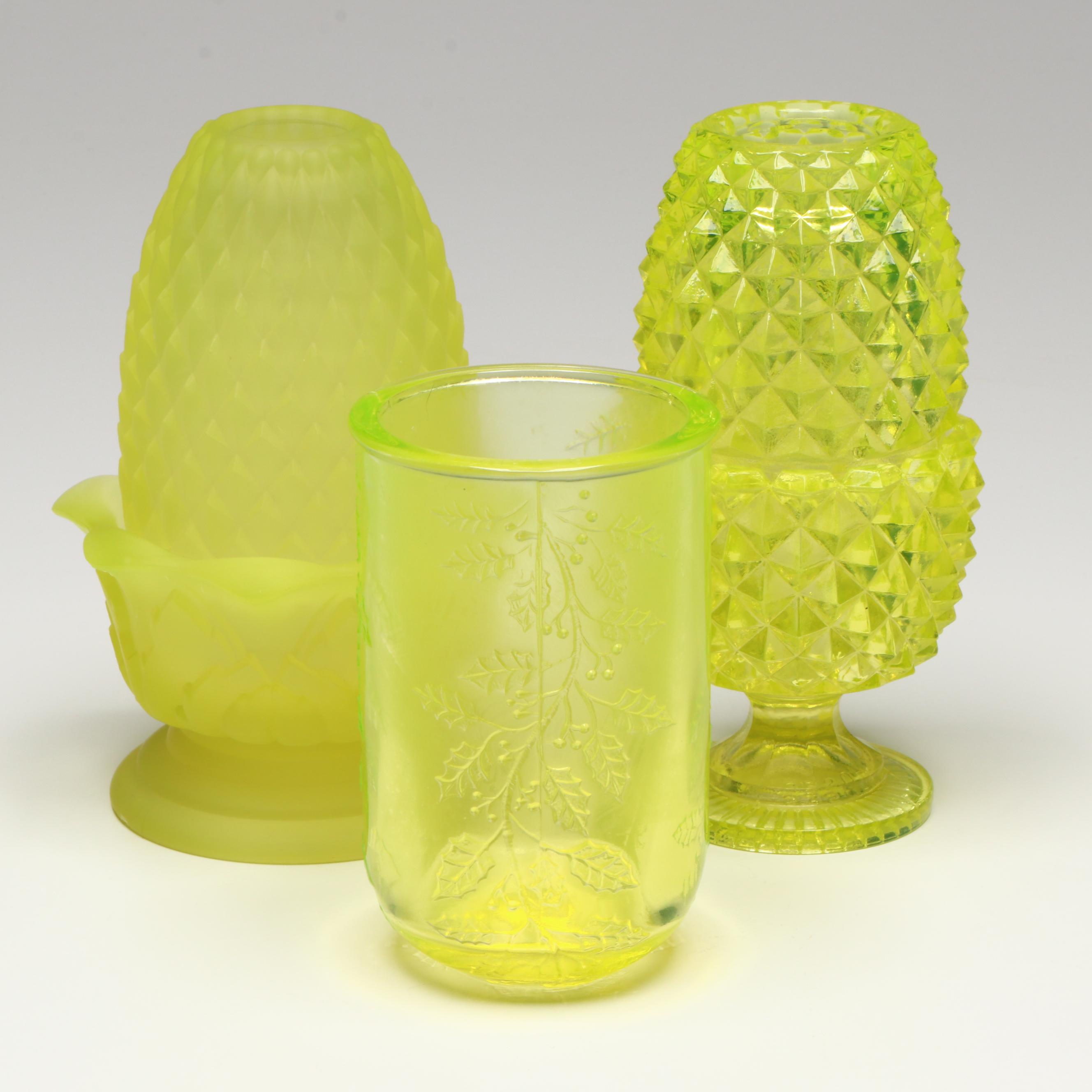 Mosser and Petite Choses Vaseline Glass Fairy Lamps with Other Pineapple Lamp