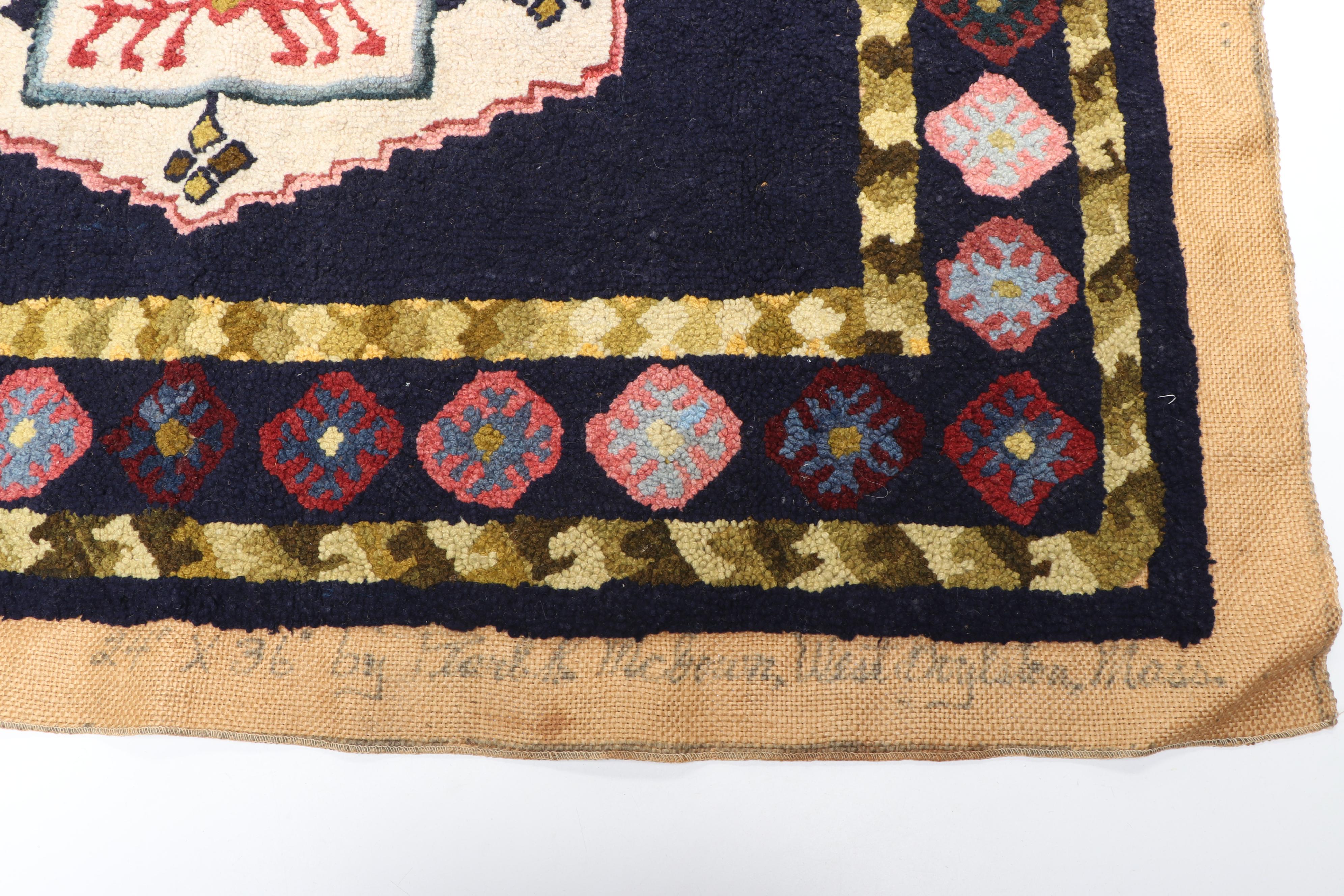 2'4 x 3'4 Handmade Hooked Wool Rug Signed by Maker